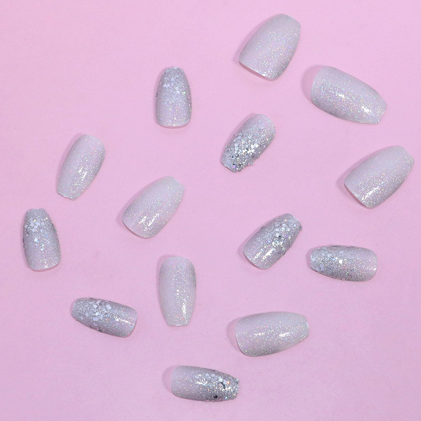 White Press on Nails Short Coffin Fake Nails Silver Glitter and Sequins Designs Glue on Nails Glossy Full Cover Acrylic Nails Simple and Natural Stick on Nails for Women 24 Pcs