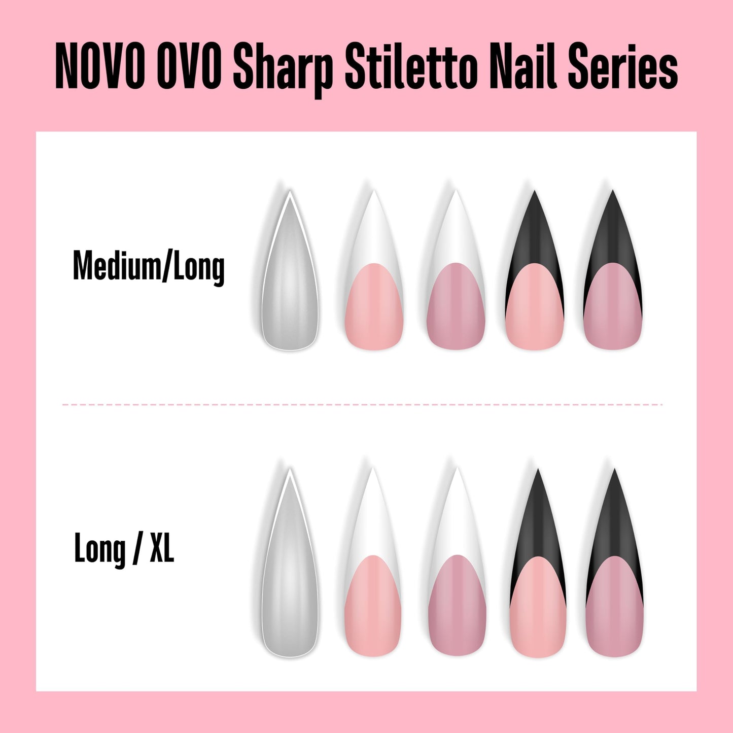 NOVO OVO Sharp Stiletto Pointed Medium Long Nail Tips Press on, Soft Gel Double Matte Clear Fake Nail Extension, Full Cover False Nails for Salon DIY x 16 Sizes 224 pcs