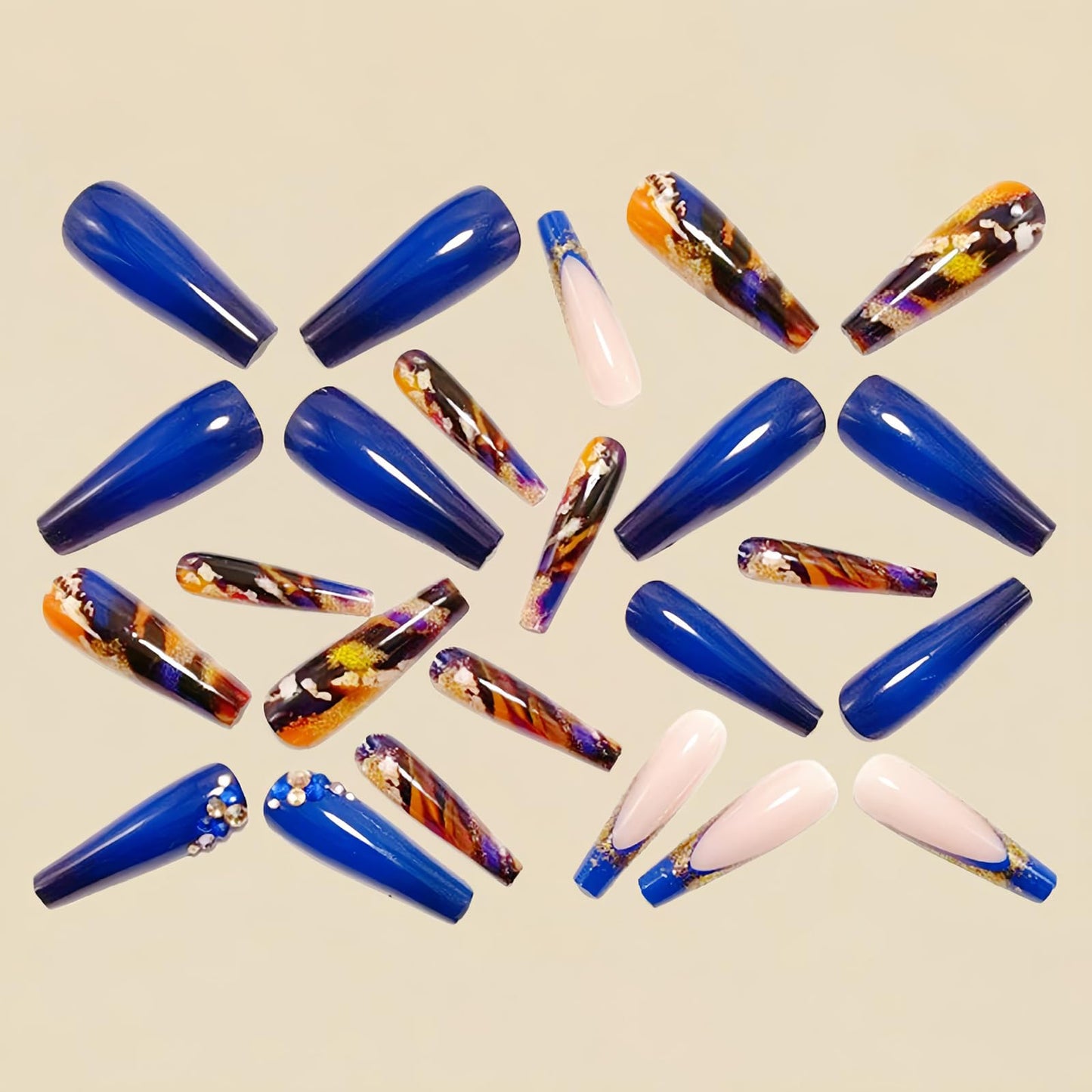 MISUD Press on Nails - Long Coffin Fake Nails with Navy Blue, Acrylic Bling Glitter Rhinestone Design 24 pcs