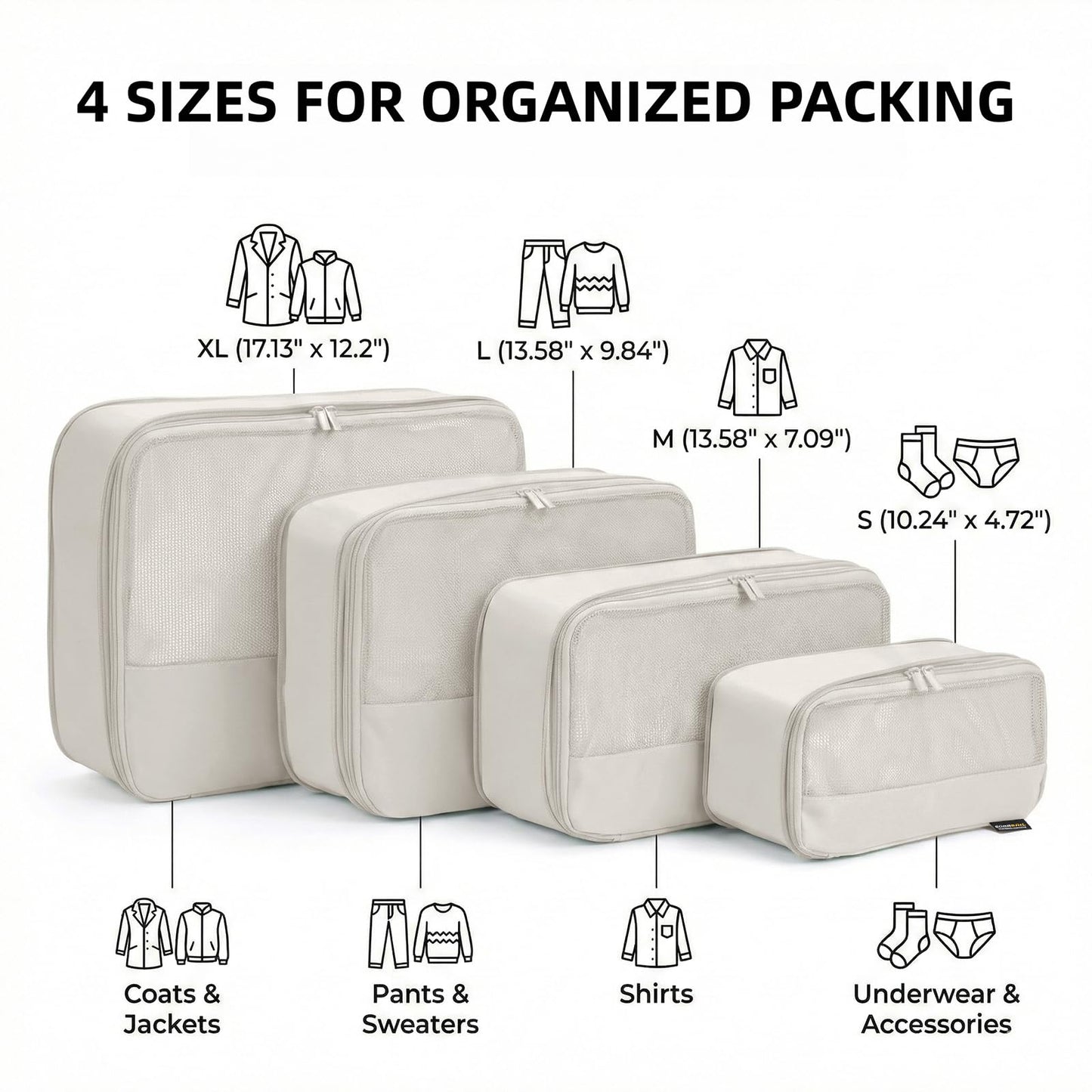SOARSAIL 4 Piece Compression Packing Cubes for 3–7 Day Travel, Lightweight Travel Organizers with Breathable Mesh, Double-Zipper Packing Cubes for Carry-On & Suitcases (Off White)