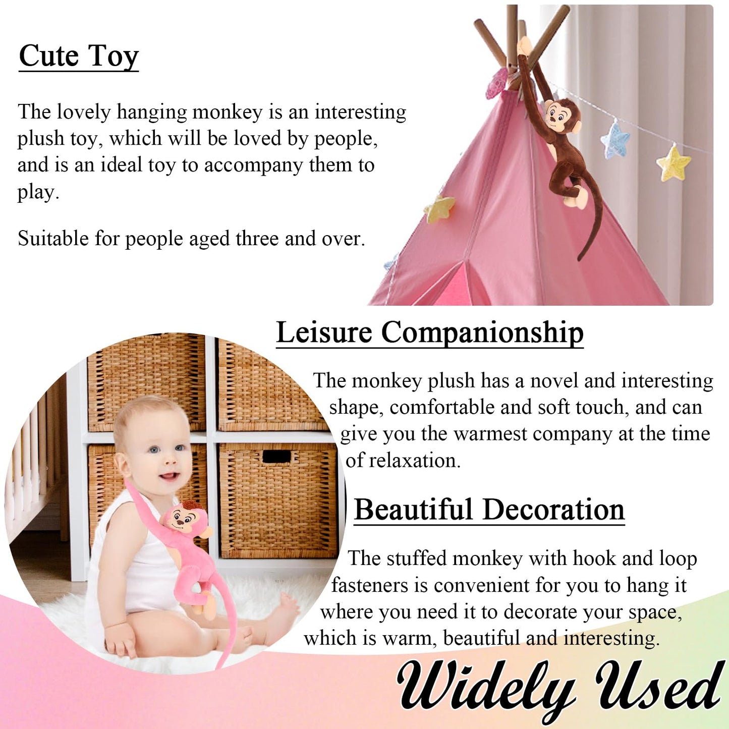 zhidiloveyou 2PCS 27.6" Hanging Monkey Stuffed Animals Plush Cute Monkey Toy for Kids (Dark Brown+Pink)