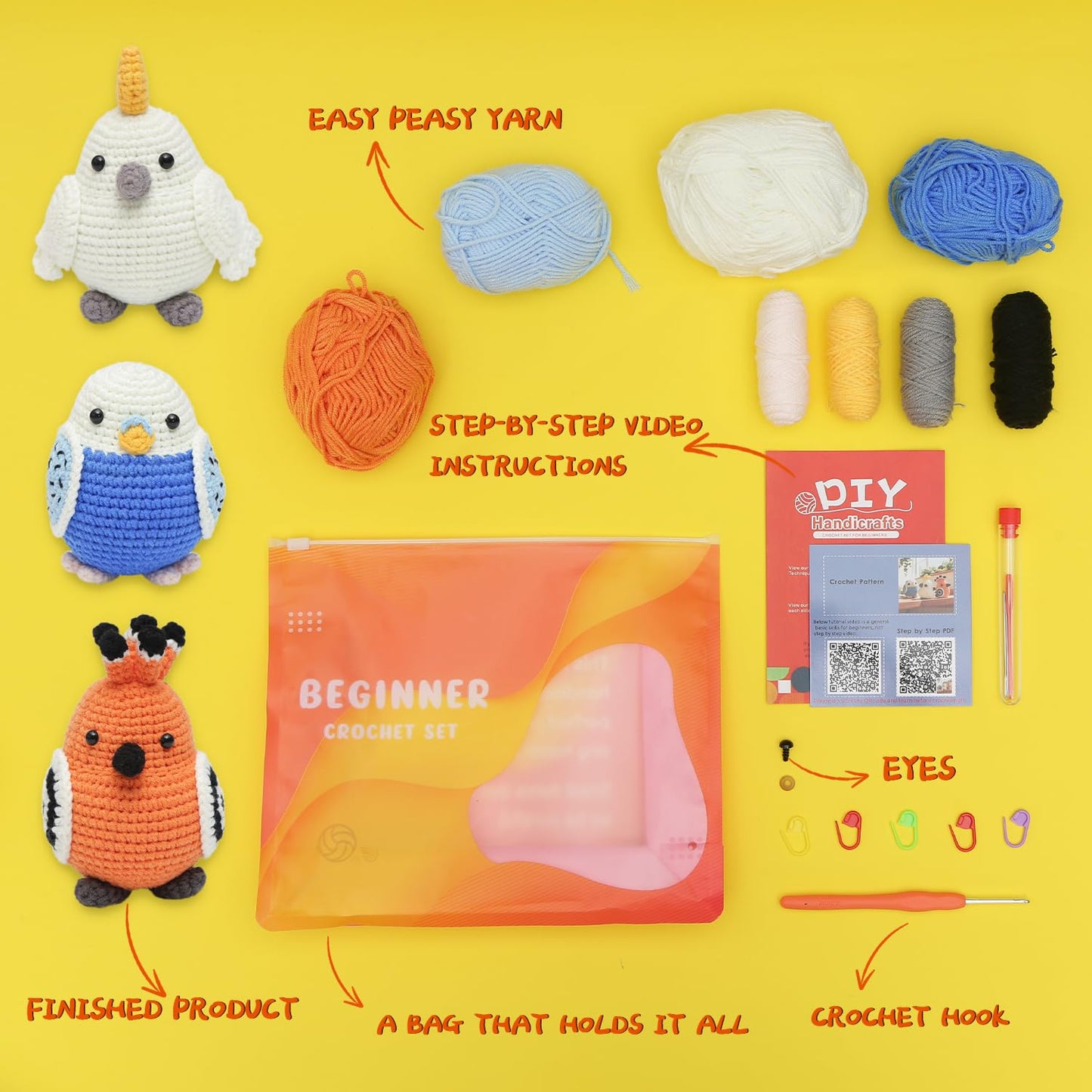 GONELYON Crochet Kit for Beginners, Crochet Kit for Beginners Crochet Starter Kits for Adults and Kids with Step by Step Video, 3 Kawaii Parrots DIY Yarn Plush