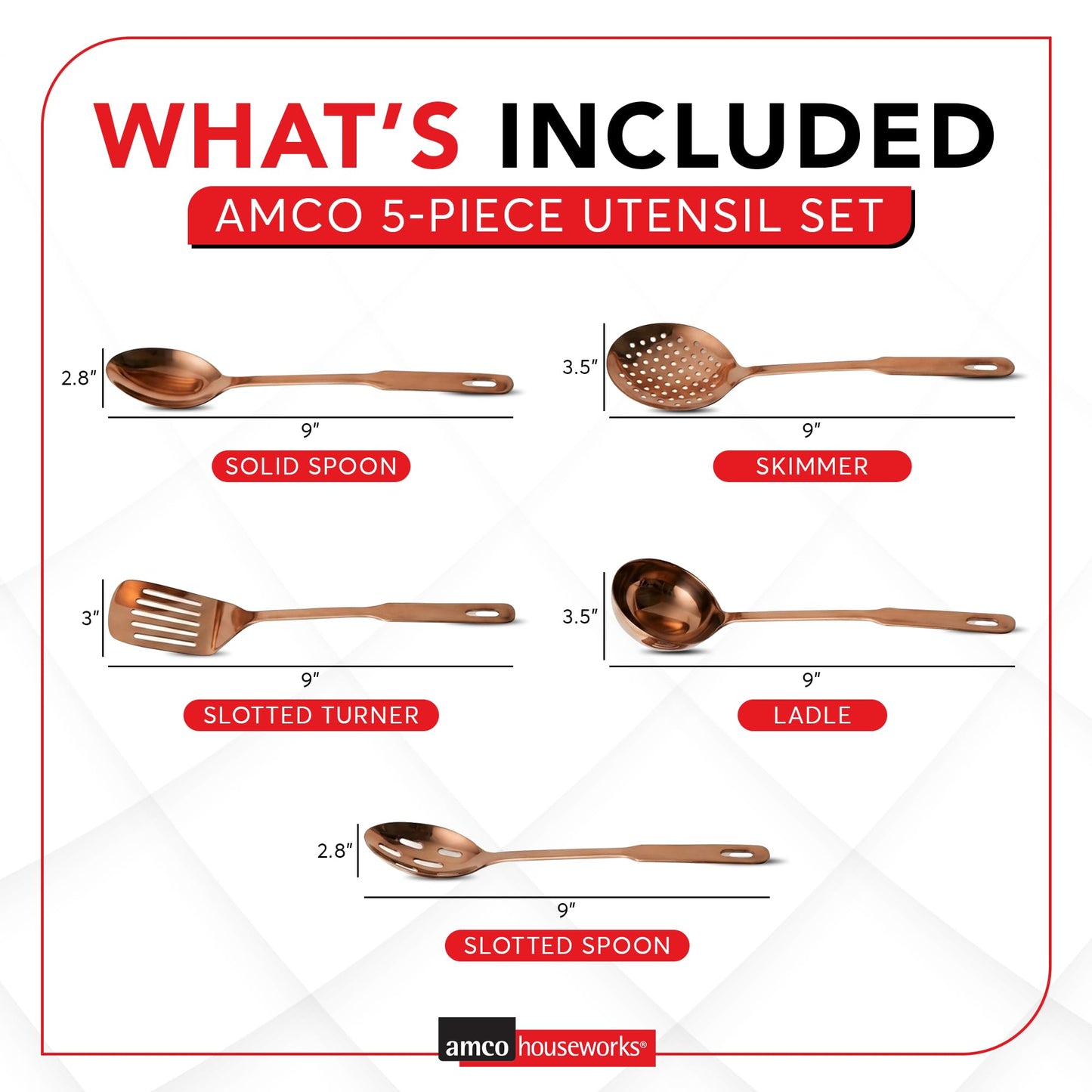 Amco 5-Piece Stainless Steel Cooking Utensil Set, Copper Finish - Includes Kitchen Ladle, Slotted Turner, Skimmer, Solid Spoons - 14" with Hanging Holes for Easy Storage, Durable Kitchen Gadgets