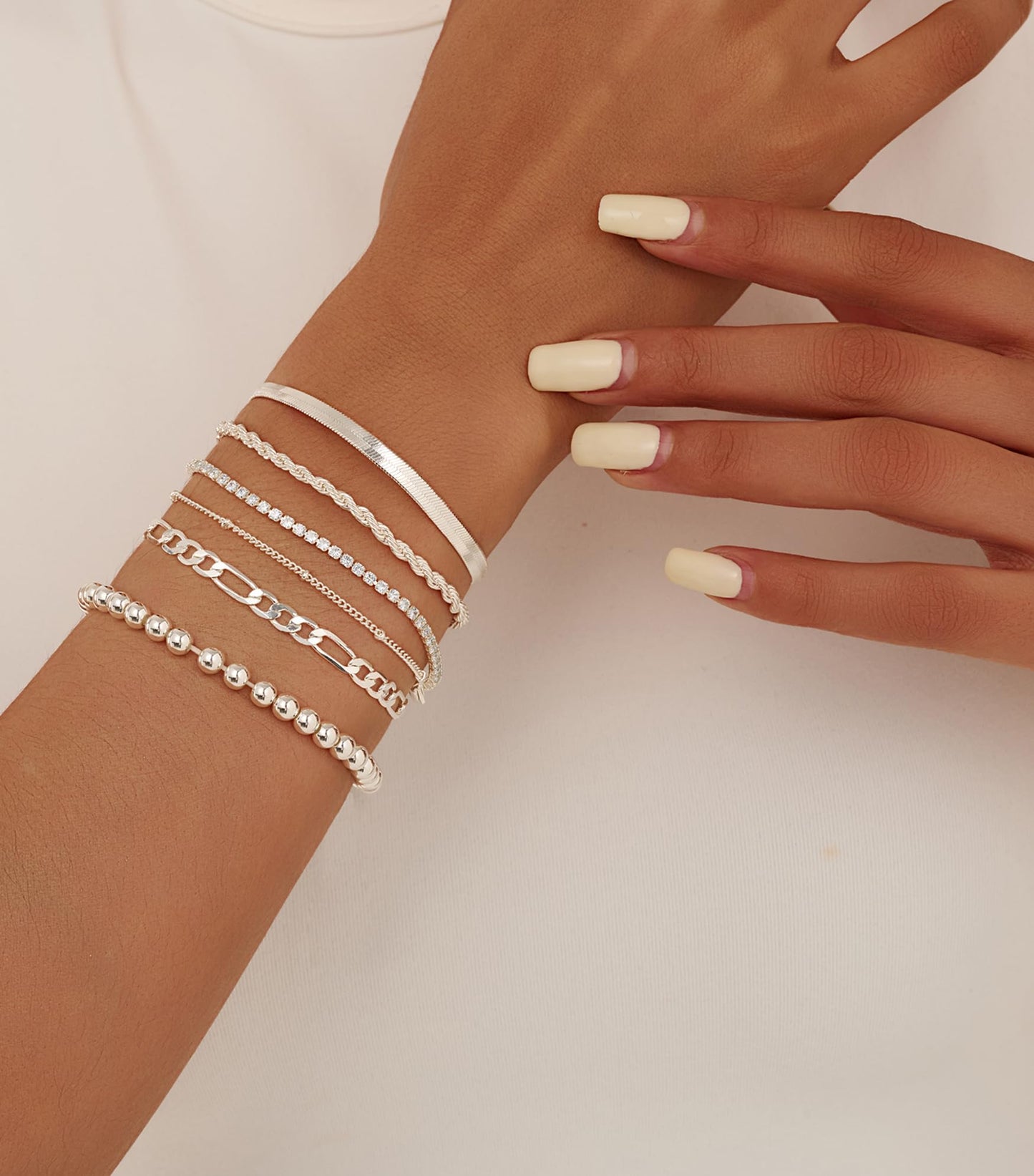 A ALARTAN Gold Bracelets for Women 14K Gold Plated Stack Trend Bracelets Charm Paperclip Chain Bracelet (6Pcs Beaded Silver)