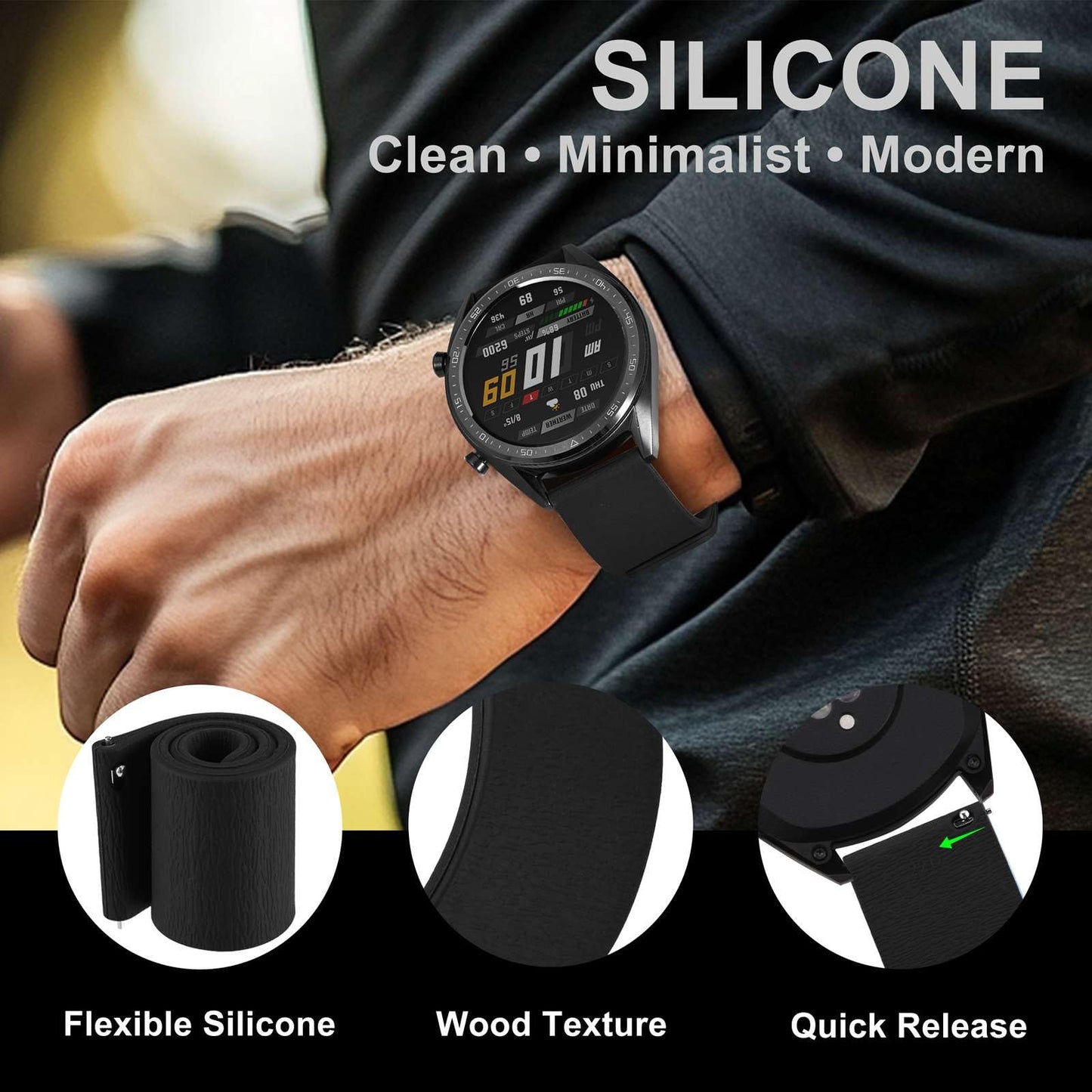 WOCCI 20mm Magnetic Watch Band, Wood Grain Silicone, Quick Release (Black)