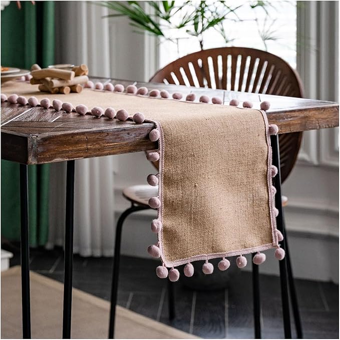 Natural Jute Table Runner, Burlap Style Table Runner, Rustic Farmhouse Table Runner Country Vintage for Wedding, Party Table Decorations, Boho Décor Jute Pink Balls 12x55 inch TAB28