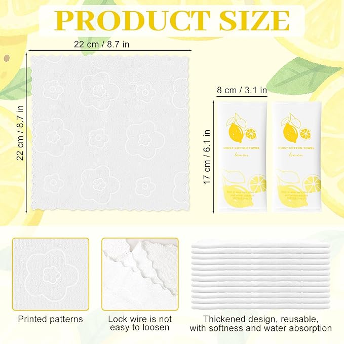 Moist Cotton Towel Bulk Moist Towelettes Individually Wrapped,White Towel Services,Refreshment Pre Moistened Towels for Dentist Travel Sport Party Hotel 100,Lemon