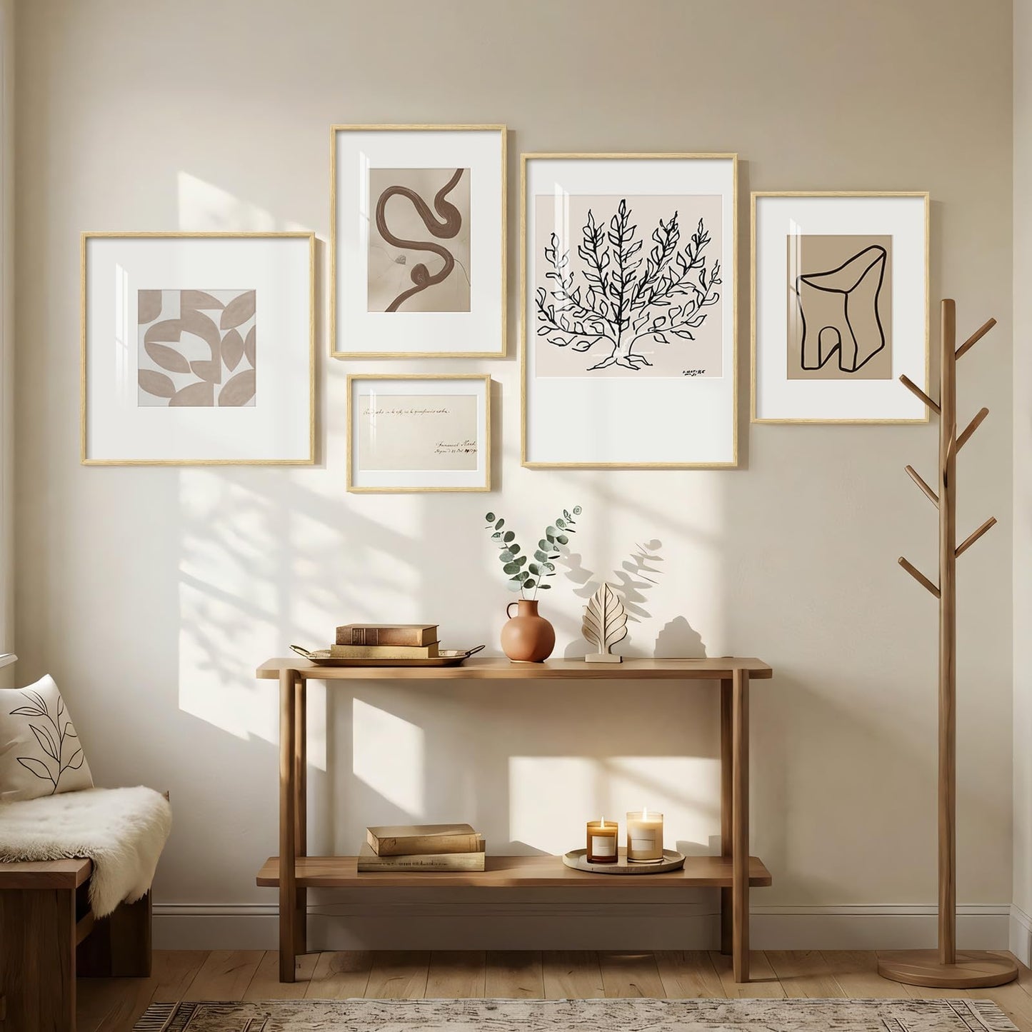 Framed Matisse Abstract Neutral Wall Art, 5 Piece Large Beige Canvas Prints Set, Modern Minimalist Geometric Botanical Paintings for Living Room, Bedroom, Hallway, Home Office, Guest Room