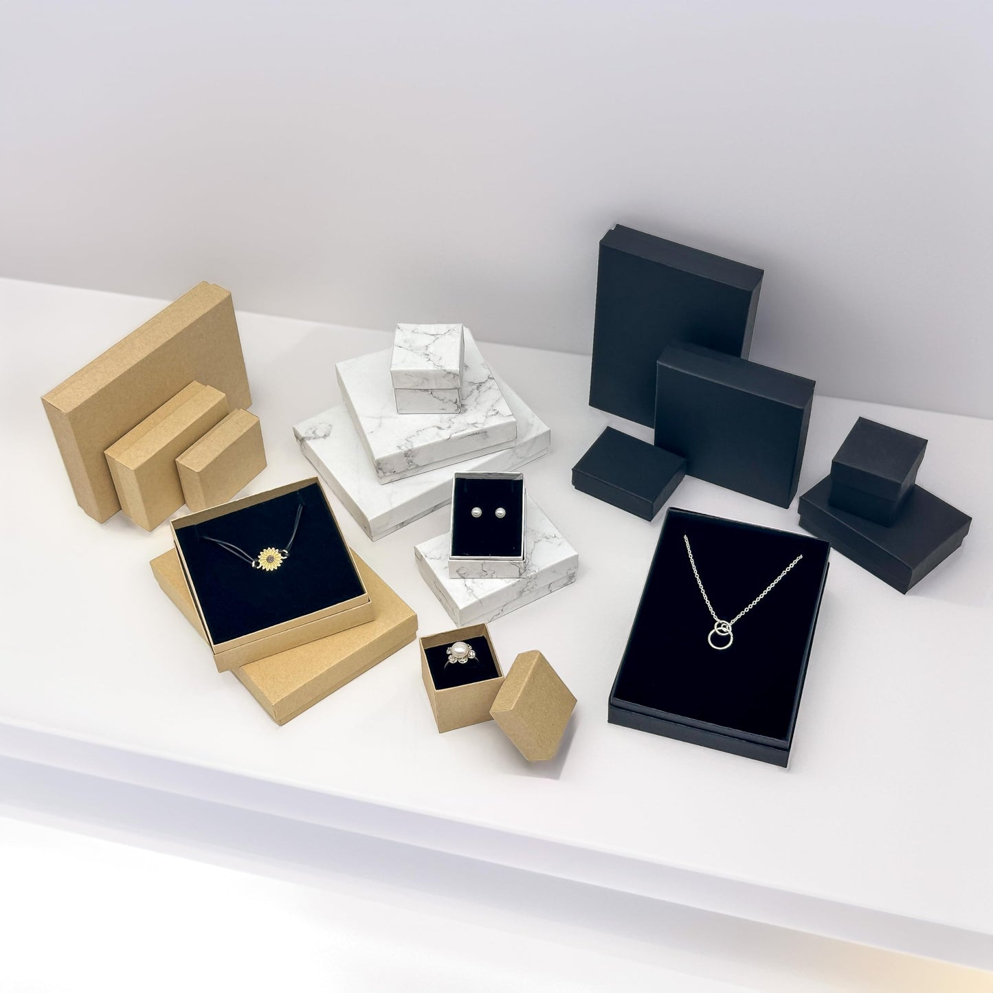 TheDisplayGuys - 24-Pack Cardboard Kraft Paper Jewelry Gift Boxes w. Velvet Padding - Necklace/Pendant - Marble White - #33 (3.5" x 3.5" x 1.0")