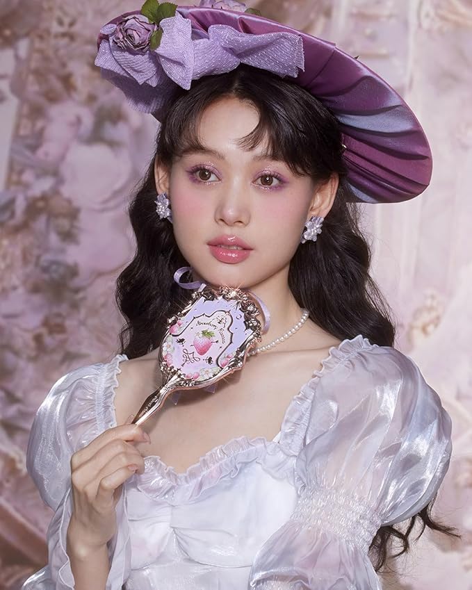 Flower Knows Violet Strawberry Rococo Hand Mirror,Vintage Portable Handheld Mirror,Fancy & Pretty Princess Mirror with Long Handle,Gift for Girls(Wisteria Purple)