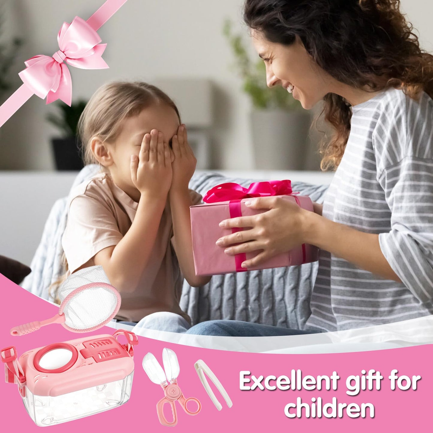 Biubee Bug Catcher for Kids - Sturdy Bugs Catching Kit Gifts with Butterfly Net Collector Insect Catcher Tweezer, Pink Bug Habitat Outdoor Explorer Kit for Girls Age 3 4 5 6 7 8