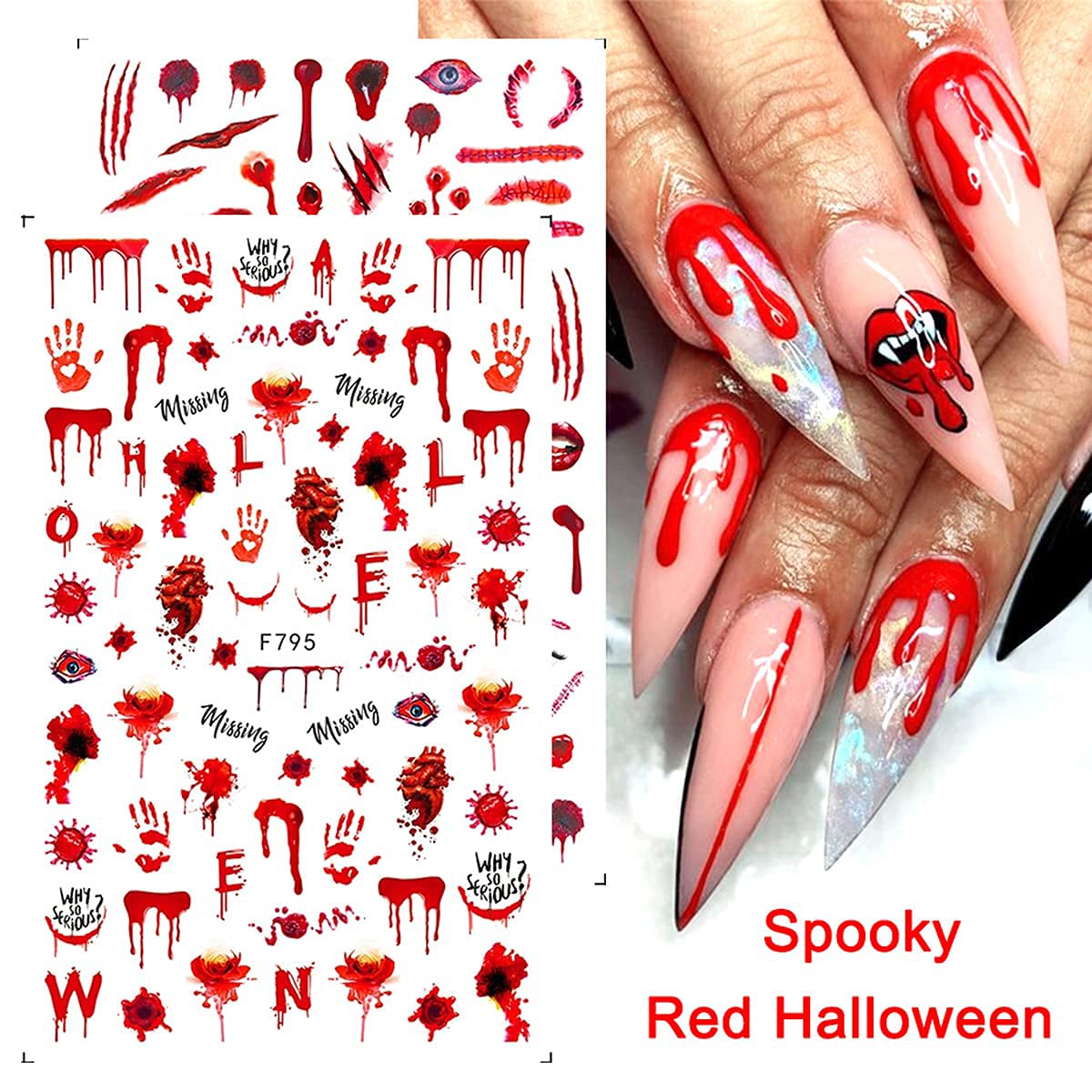 5 Sheets Halloween Scream Nail Decals Horror Nail Decals Self Adhesive Nail Scream Stickers Nail Art Supplies Red Ghost Eyes Scary Blood Design Vampire Nails Decorations for Halloween Party