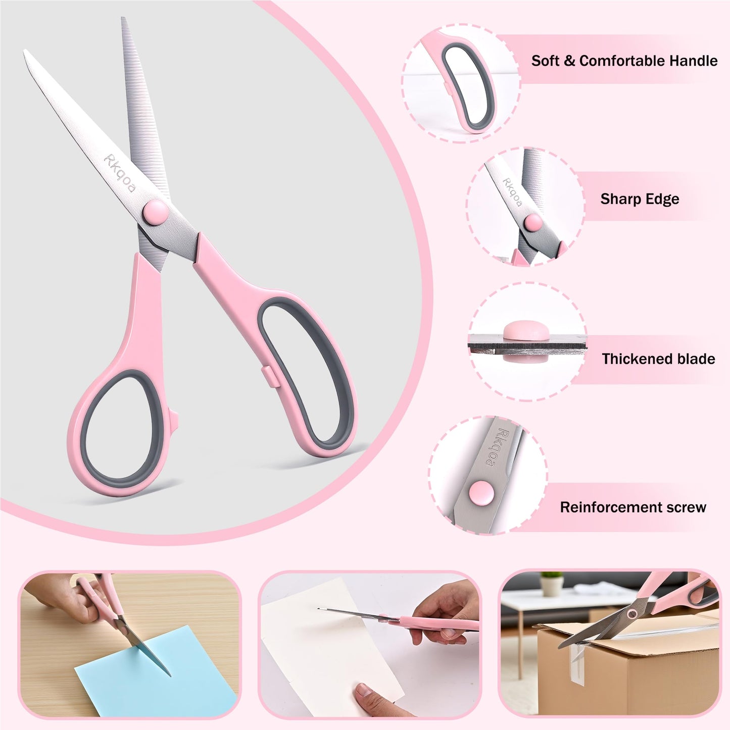 Black 6 Scissors Pack, Rkqoa 8" All Purpose Scissor - High Performance and Designed for Everyday use, Stainless Steel Shears Set with Comfort-Grip, Right/Left Handed