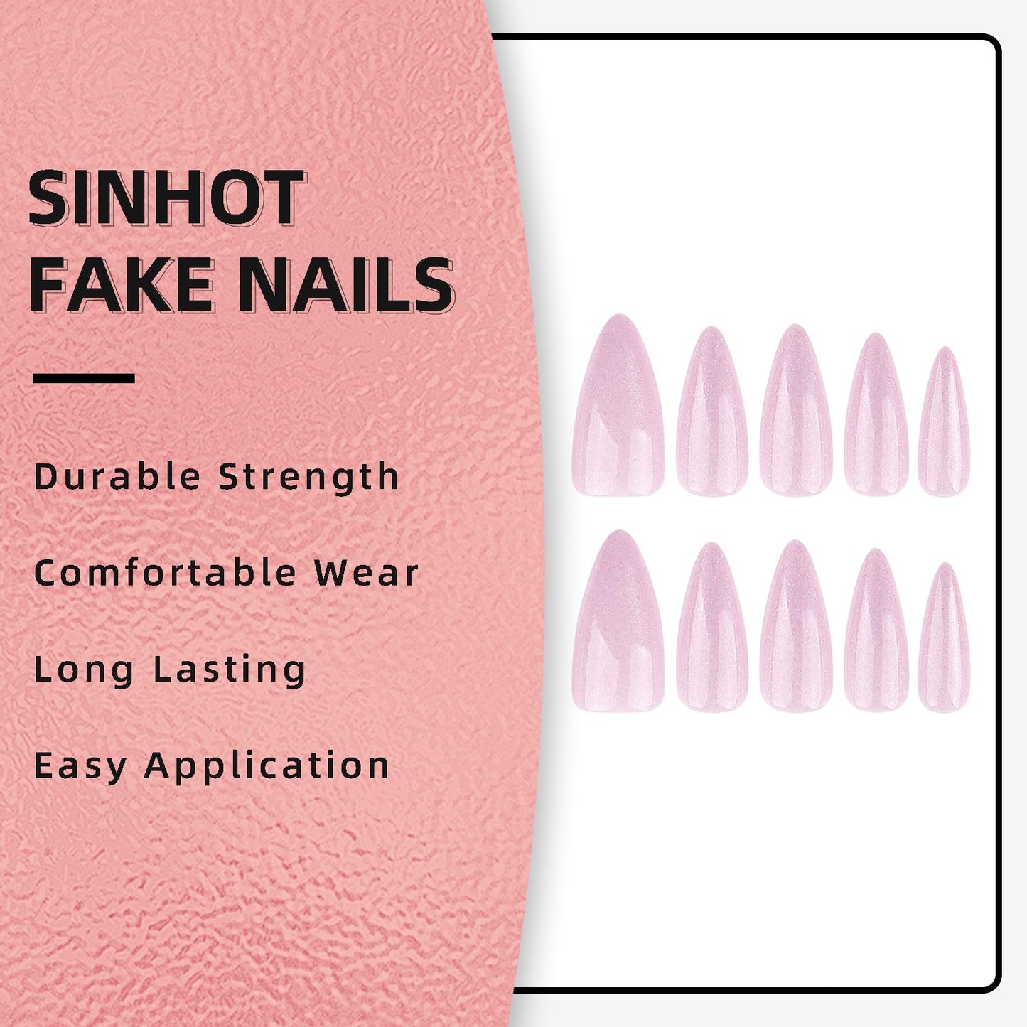 SINHOT Stiletto Press on Nails - Long, Glossy Glue on Nails with Cat Eye Design, Almond Shape, Nude Pink Color - 24 pcs