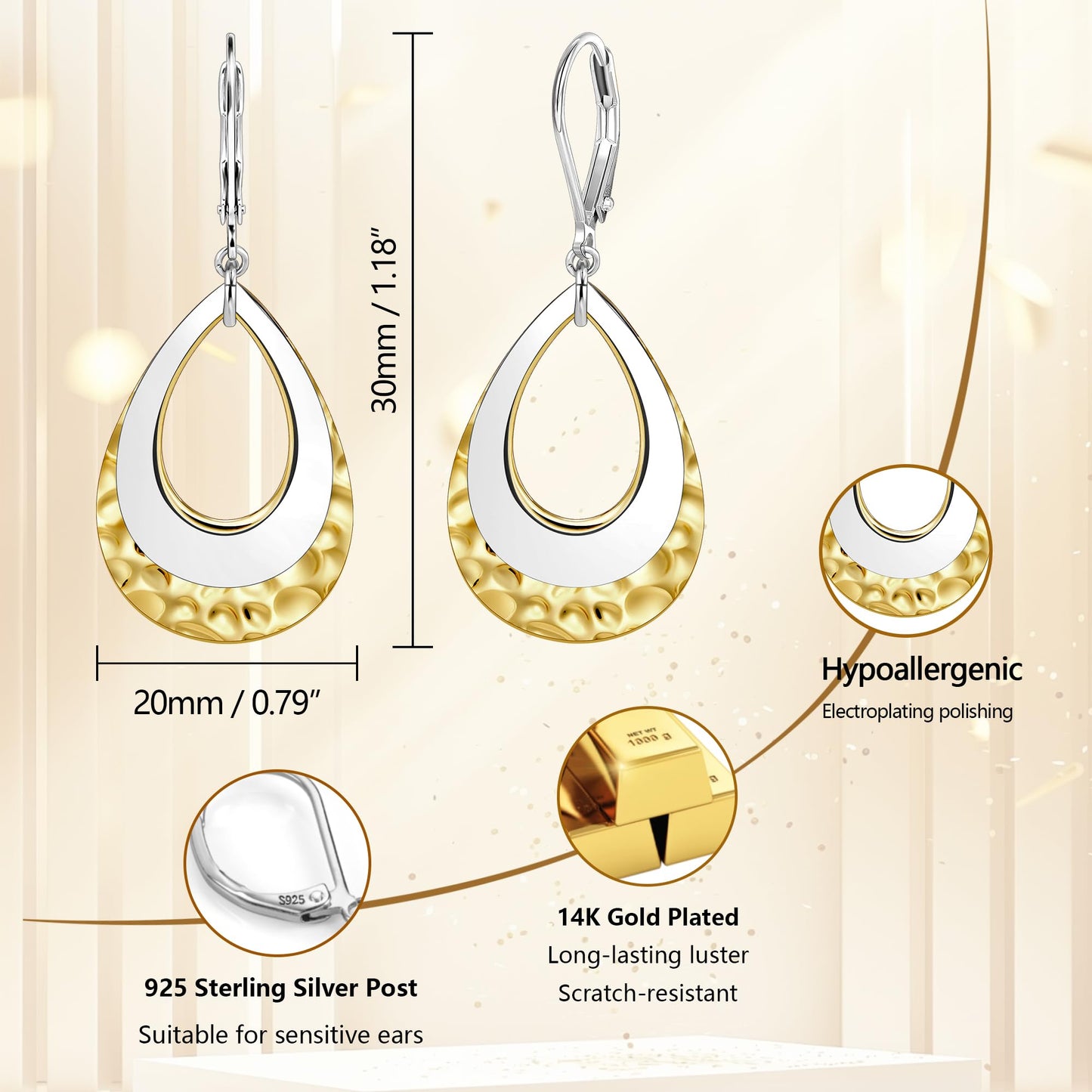 Sterling Silver Teardrop Dangle Earrings for Women Sliver Layer Leverback Hammered Dangle Earrings Jewelry Hypoallergenic Gold Plated Waterdrop Leverback Dangle Earring for Gifts