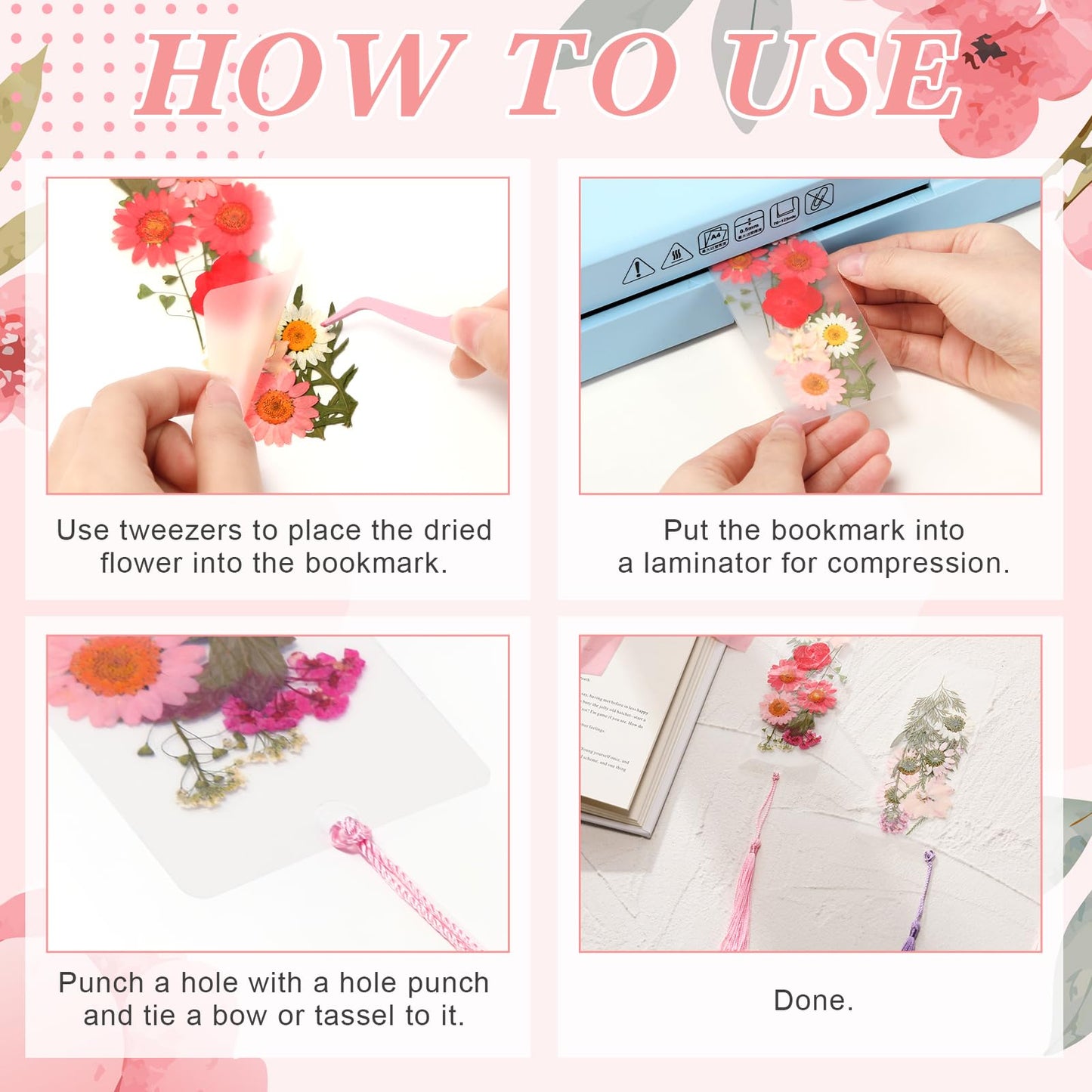 AmazingSpark 222 Pcs Dried Flower Bookmark Making Kit Include DIY Pressed Flower Colorful Tassels Ribbons and Transparent Bookmark Laminating Pouches 2 x 6 Inch(Pink)
