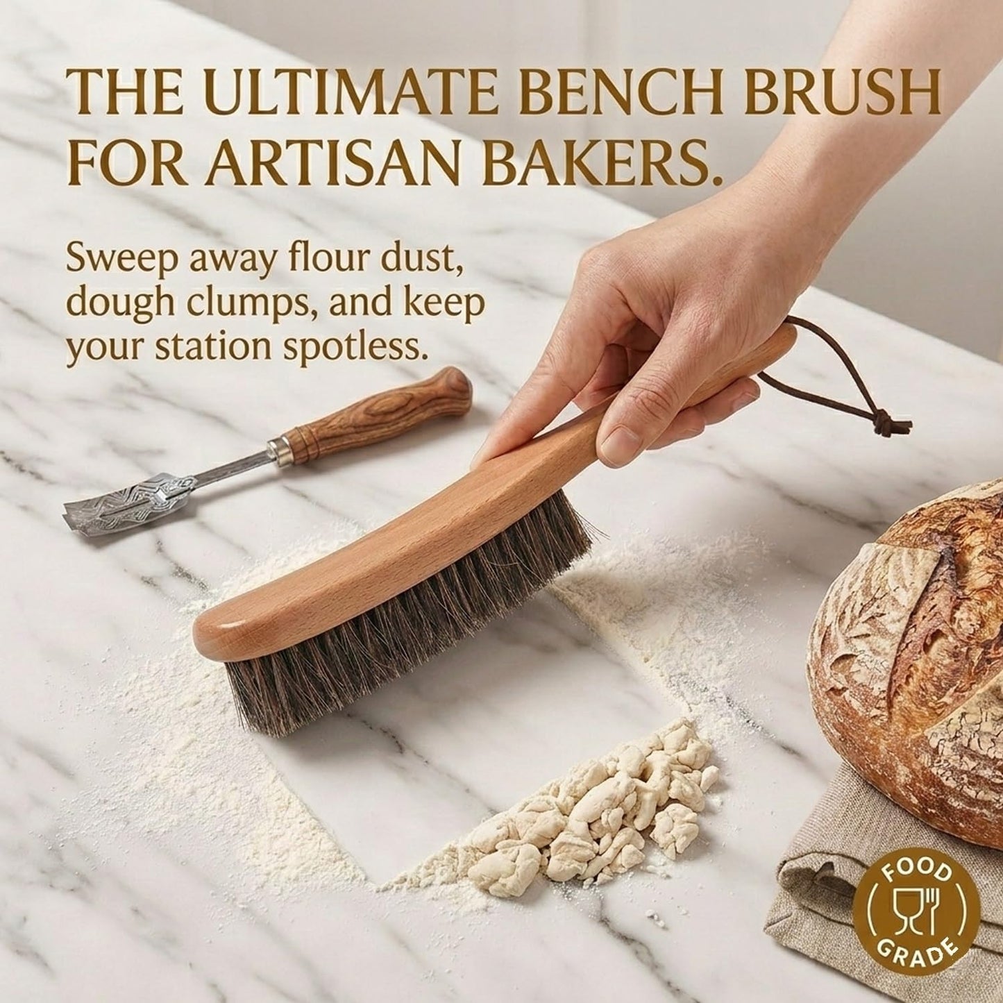 Sourdough Bread Proofing Basket Cleaning Brush, 100% Horse Hair Flour Brush with Ergonomic Beech Wood Handle, Professional Bench Brush for Baking, Banneton, Pastry Cloth & Countertop Cleaning