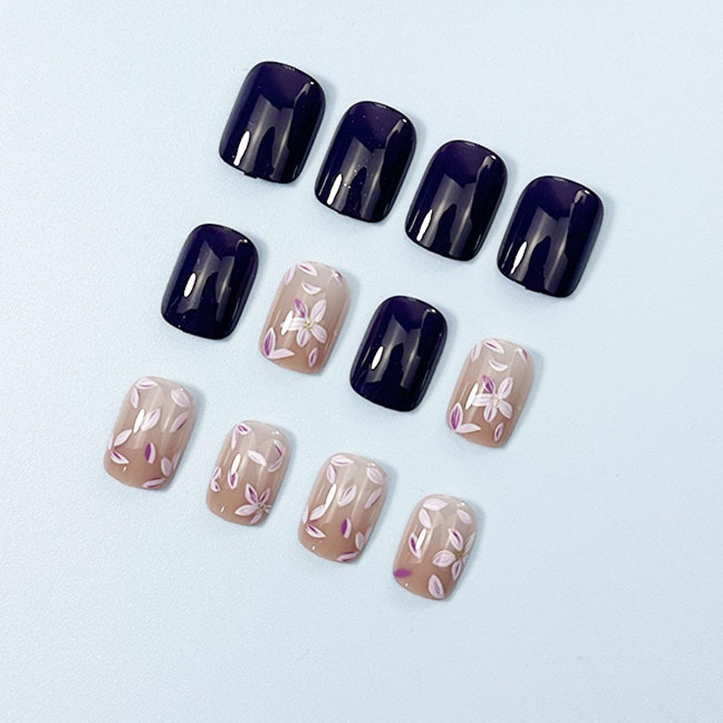Square Press on Nails Short Fake Nails with Flower Leaves Designs Nails Press ons Purple Nude Glue on Nails Glossy Artificial Nails Simple False Nails Spring Summer Stick on Nails for Women 24Pcs
