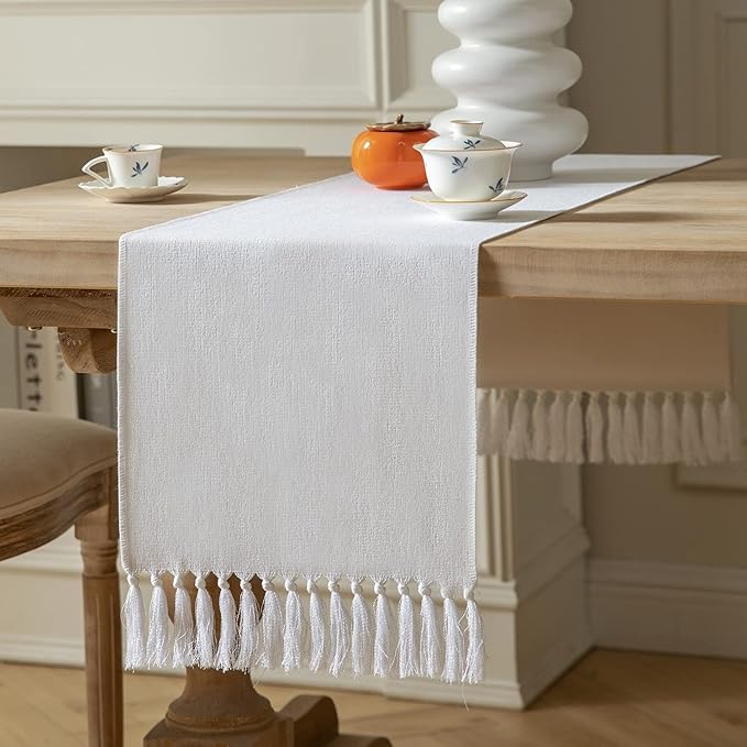 ZeeMart White Table Runners 108 Inches Long, Burlap Linen Style Rustic Farmhouse Table Runner, Long Boho Dining Table Runner, 13x108 Inches, White
