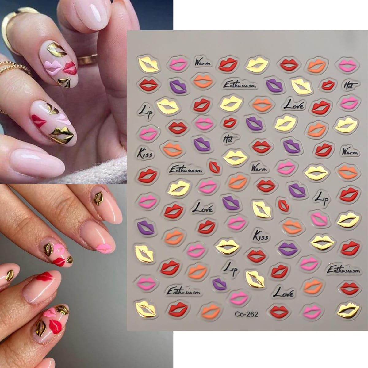 HPYFOI 5D Embossed Lip Nail Stickers - Red, Pink, Gold - Self-Adhesive Nail Art Stickers - DIY Manicure Decor - 1 Sheet