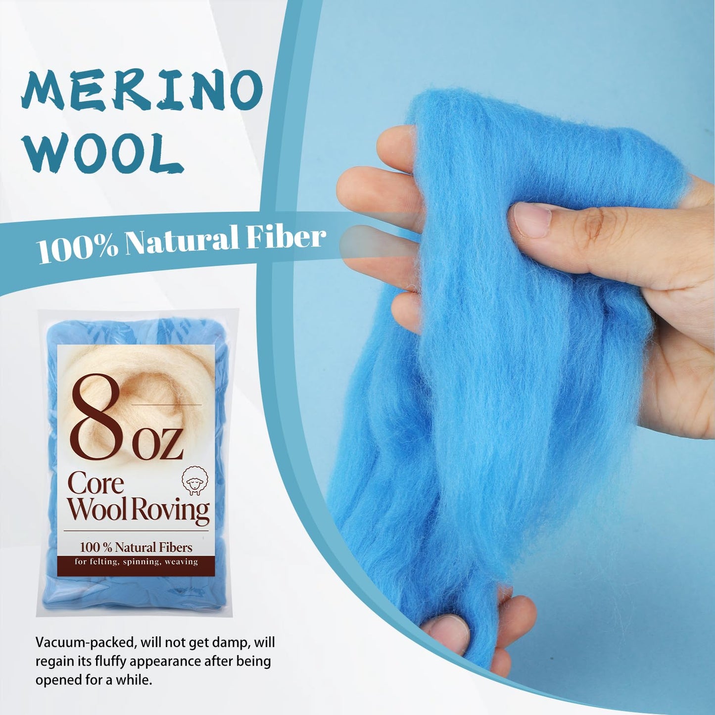 Core Wool for Needle Felting, 8 OZ Merino Wool Roving, Soft Felting Wool for Spinning, Needle Felting Supplies, Chunky Yarn, and Wet Felting, Blue