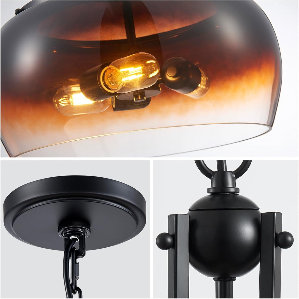 WUZUPS Chandelier Rustic Farmhouse Industrial Round Ceiling Pendant LED Light Fixture with Amber Gradient Black Glass Shade for Dining Room Kitchen Island Foyer Entryway, H 20.9" W 15.9", E26 Base