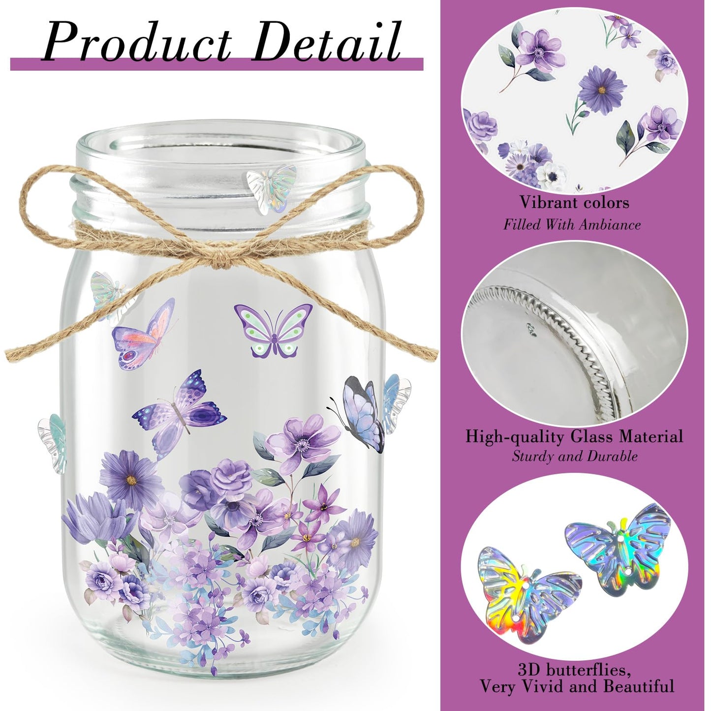 Cinrobiye 6 Set DIY Mason Jar Lantern Craft Kit with LED Lights, Butterfly & Flower Decorations, Handmade Table Centerpiece Decor for Home Party Wedding Craft Lovers