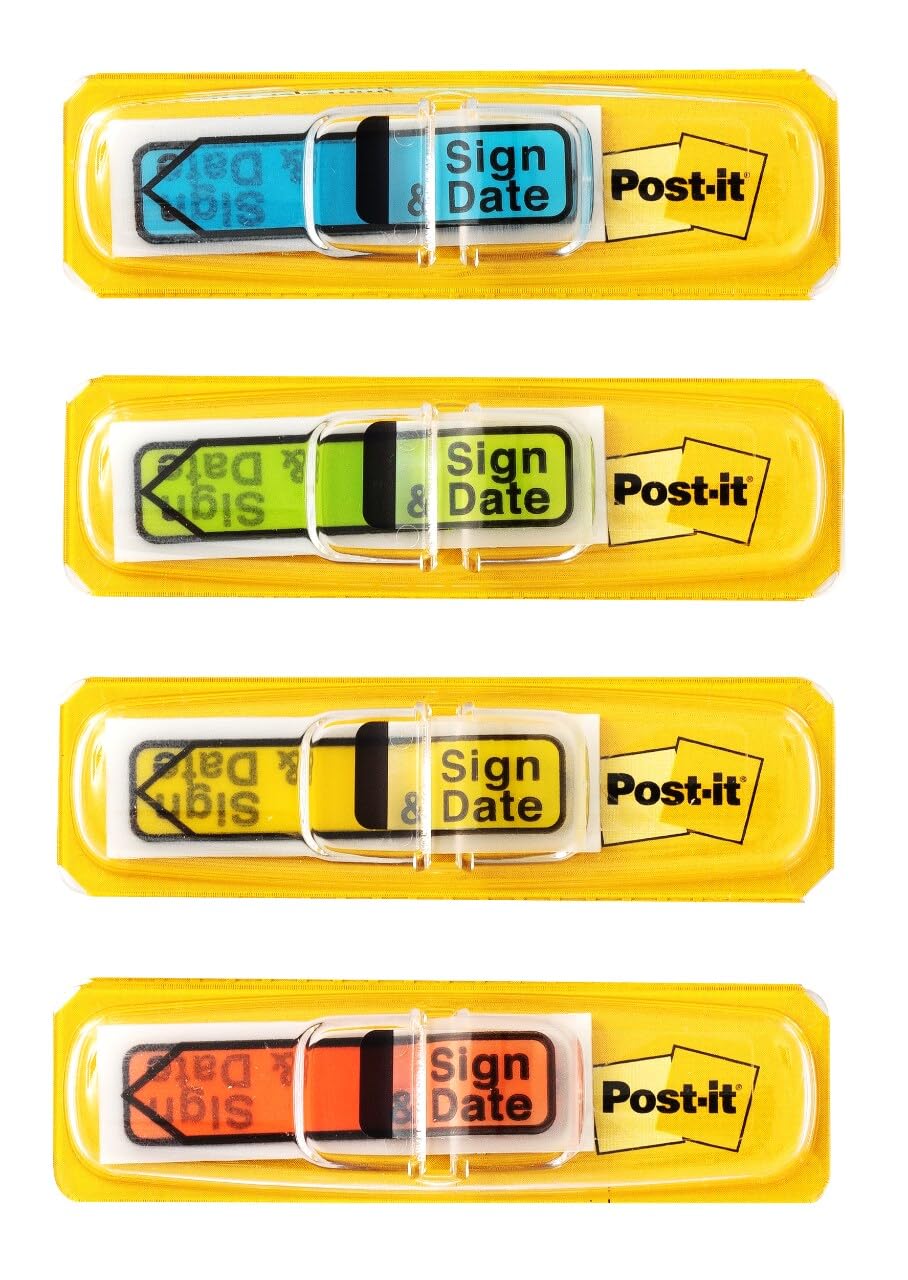 Post-it Message Flags, Sign and Date, 30/Dispenser, 4 Dispensers/Pack, .47 in Wide, Assorted Colors (684-SD) (3 Pack)