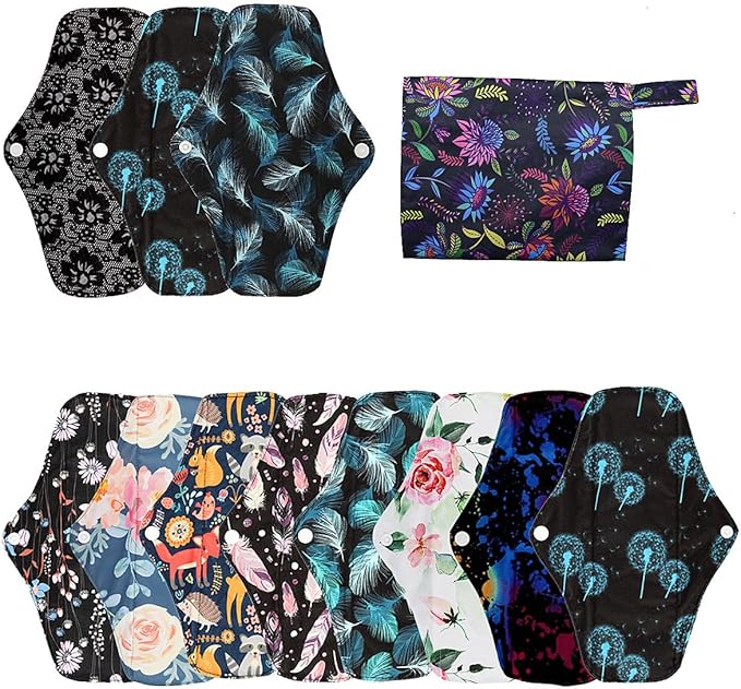 12 Pieces Cloth Menstrual Pads,Reusable Sanitary Pads,Size 10 inch Regular,Unscented