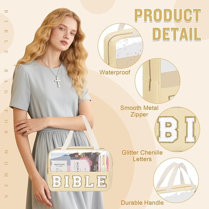 Chenille Letter Bible Bag Cover Case for Women,Preppy Bible Study Supplies Church Bag Purse Bible Accessories with Handle Zipper,Waterpoof Travel Makeup Bag Christmas Christian Gifts(BIBLE-Beige)