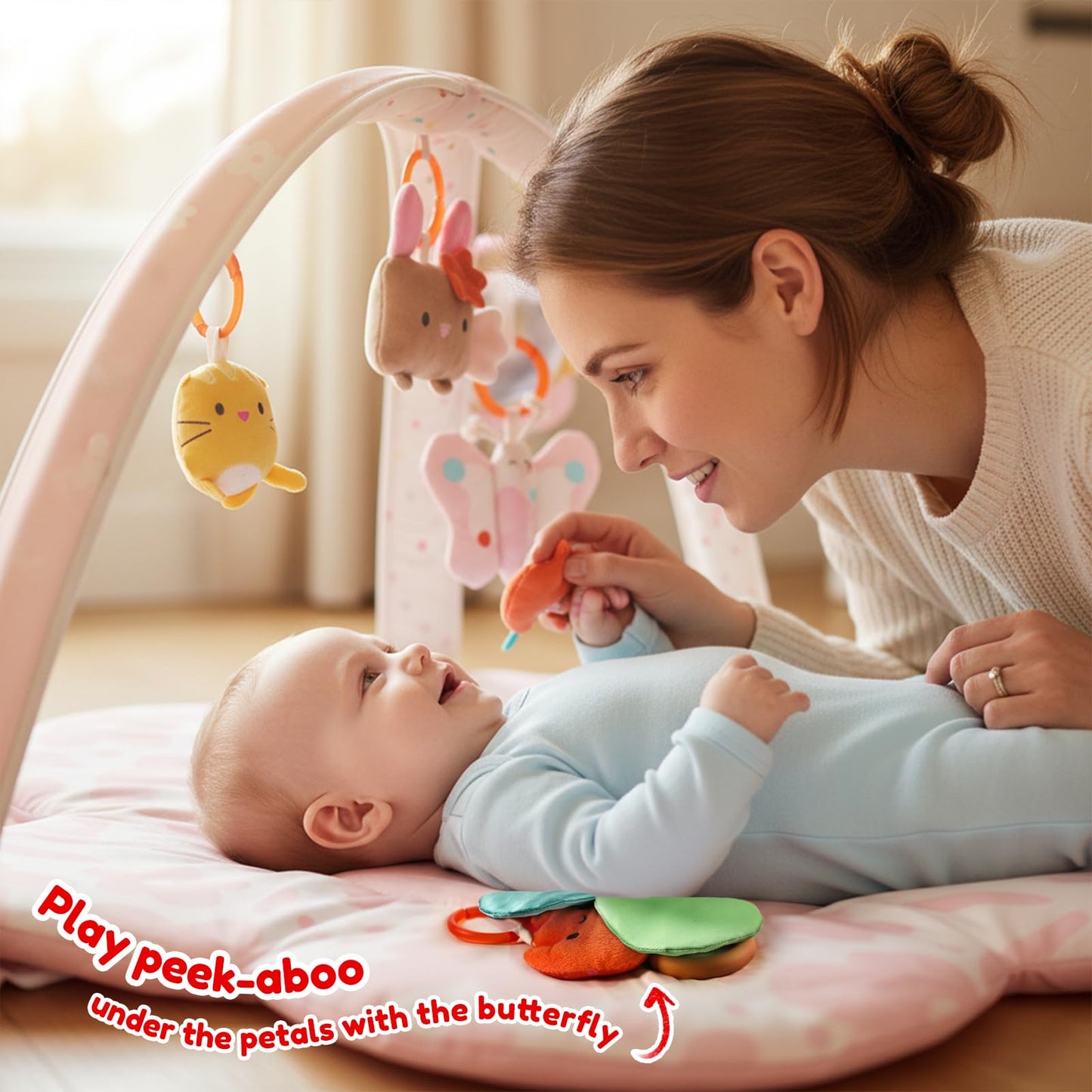 Baby Play Gym & Activity Mat with Light-up Musical Arch, Washable Tummy Time Mat with 6 Detachable Sensory Toys for Motor Skills, Baby Essentials Shower Gift - Updated Spring Blossoms Themed