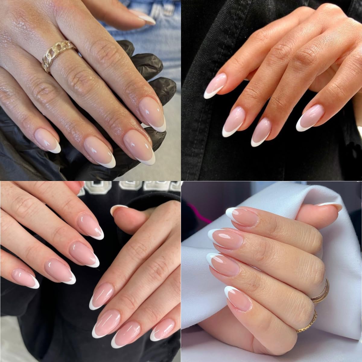 Pre-Design Nude Base White Gel French Nail Tips, French Tip Press On Nails Short Almond Shape, Basic Fake Nails With Glue Tabs 240 Pcs/Set