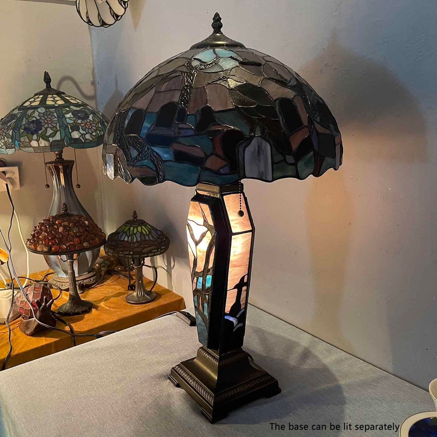 Bieye L10987 Ravens in Spooky Cemetery Tiffany-Style Stained Glass Table Lamp with Coffin Base Night Light - Gothic Graveyard Scene (Dark Orange, 16Wx26H inch)