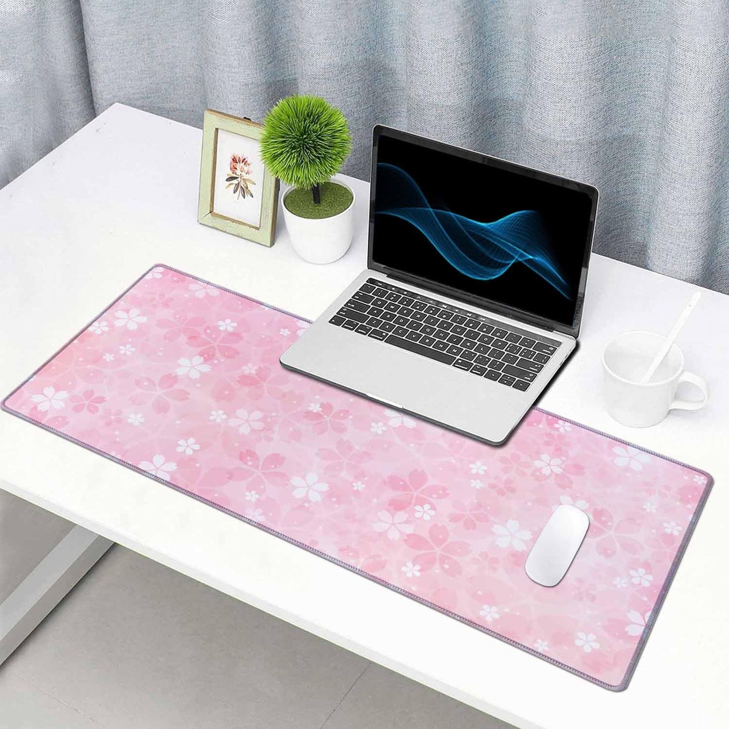 Gaming Large Mouse Pad with Stitched Edges, Cherry Blossoms Desk Mat, Extended Keyboard Pad, Non-Slip Rubber Base Desk Pad for Keyboard and Mouse, 35.4X15.7 inch