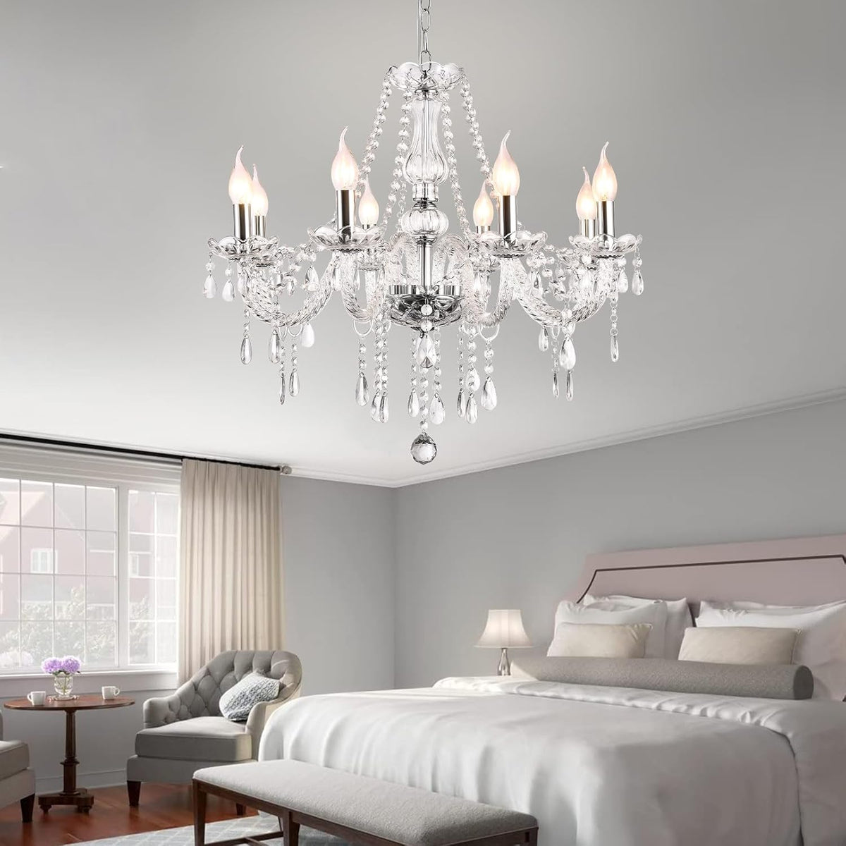 Modern Elegant 8 Lights K9 Crystal Glass Chandelier Pendant Ceiling Lighting European Style for Dining Living Room Bedroom Transparent, 8 E12 Bulbs Required