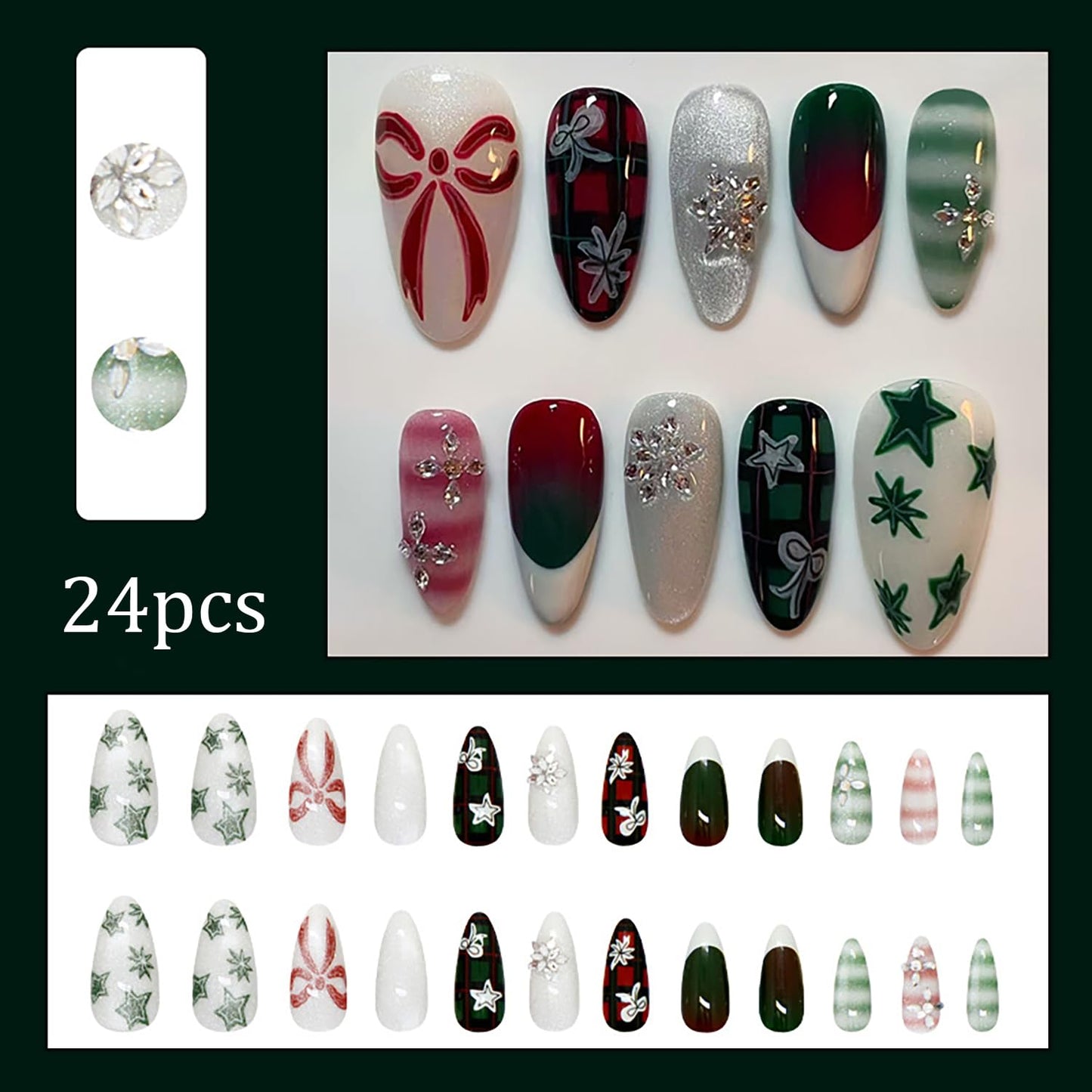 24pcs French Tip Press on Nails Medium Almond Fake Nails with 3d Snow Rhinestones Designs False Nails Christmas Glue on Nails Winter Snowflake Full Cover Artificial Stick on Nails Decoration for Women