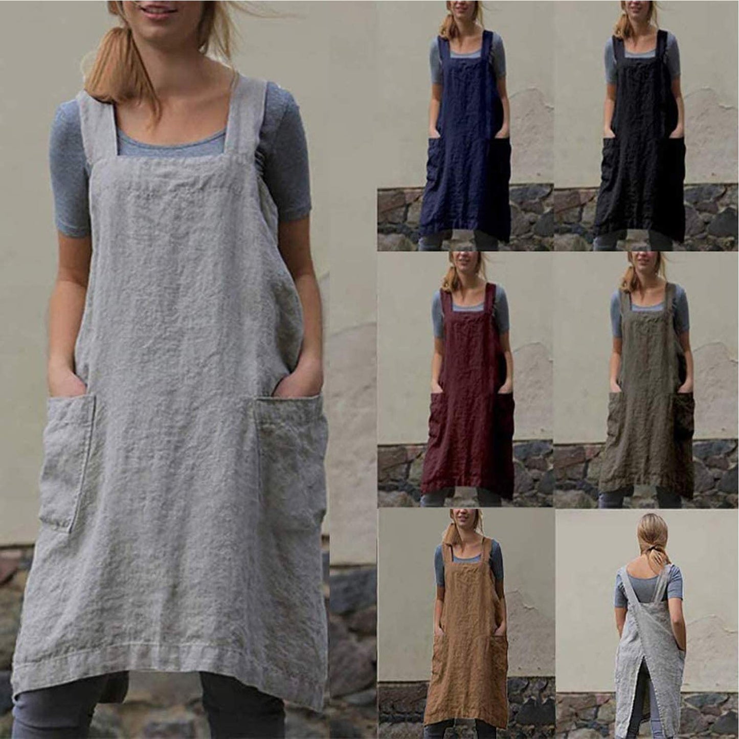 YESDOO Cotton Linen Apron Cross Back Apron for Women with Pockets Pinafore Dress for Baking Cooking