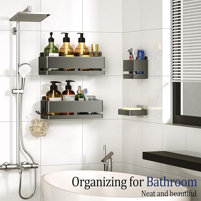 Bathroom Storage Rack (5-Piece Set), Wall-Mounted Shelf with soap Dish and Toothbrush Holder, no Drilling Required, Ideal for Bathroom Storage and Also Suitable for Kitchen (Grey)