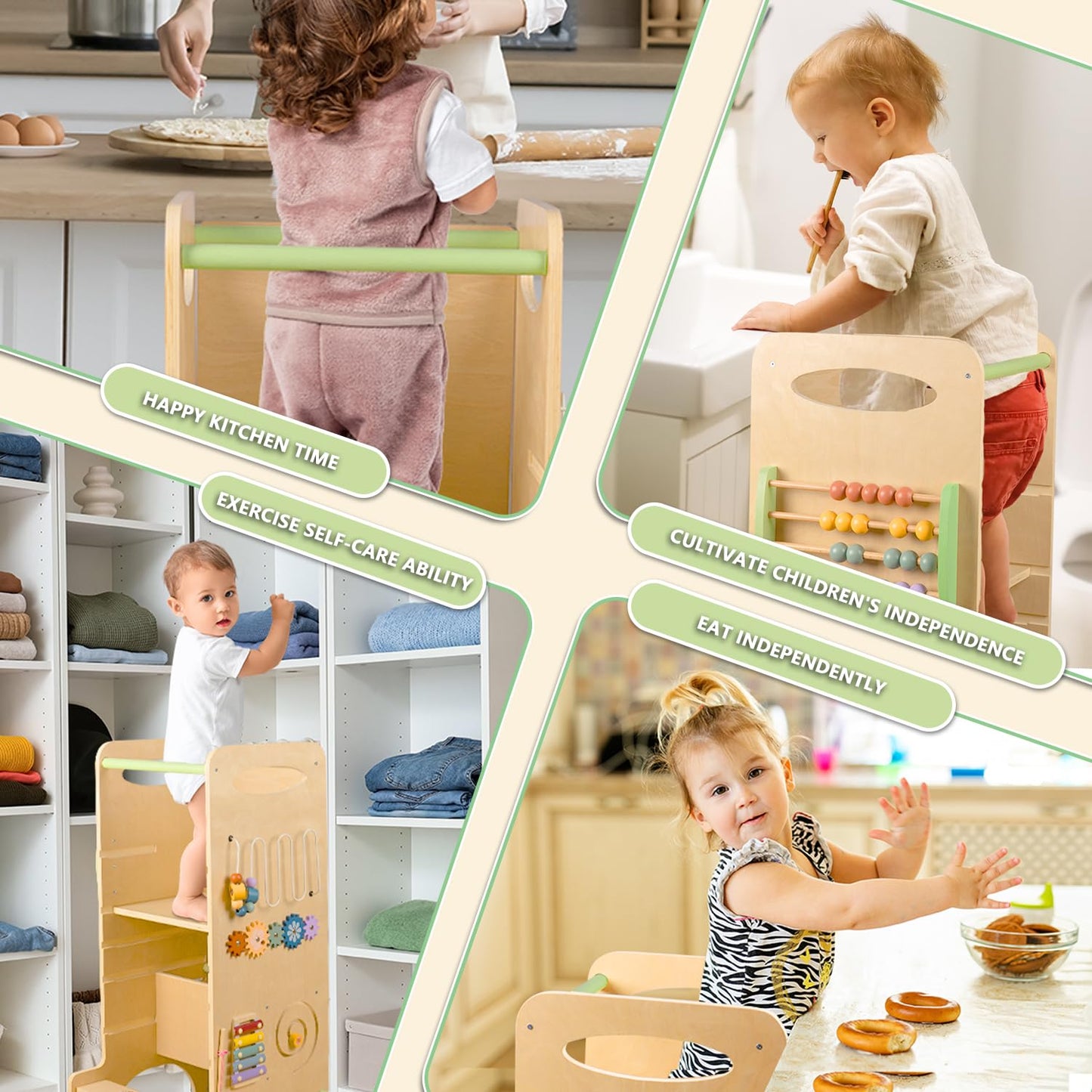 aiwo Toddler Tower Kitchen Step Stool, 3 Adjustable Height Standing Tower for Kitchen Counter, Chalkboard & Montessori Learning Activities