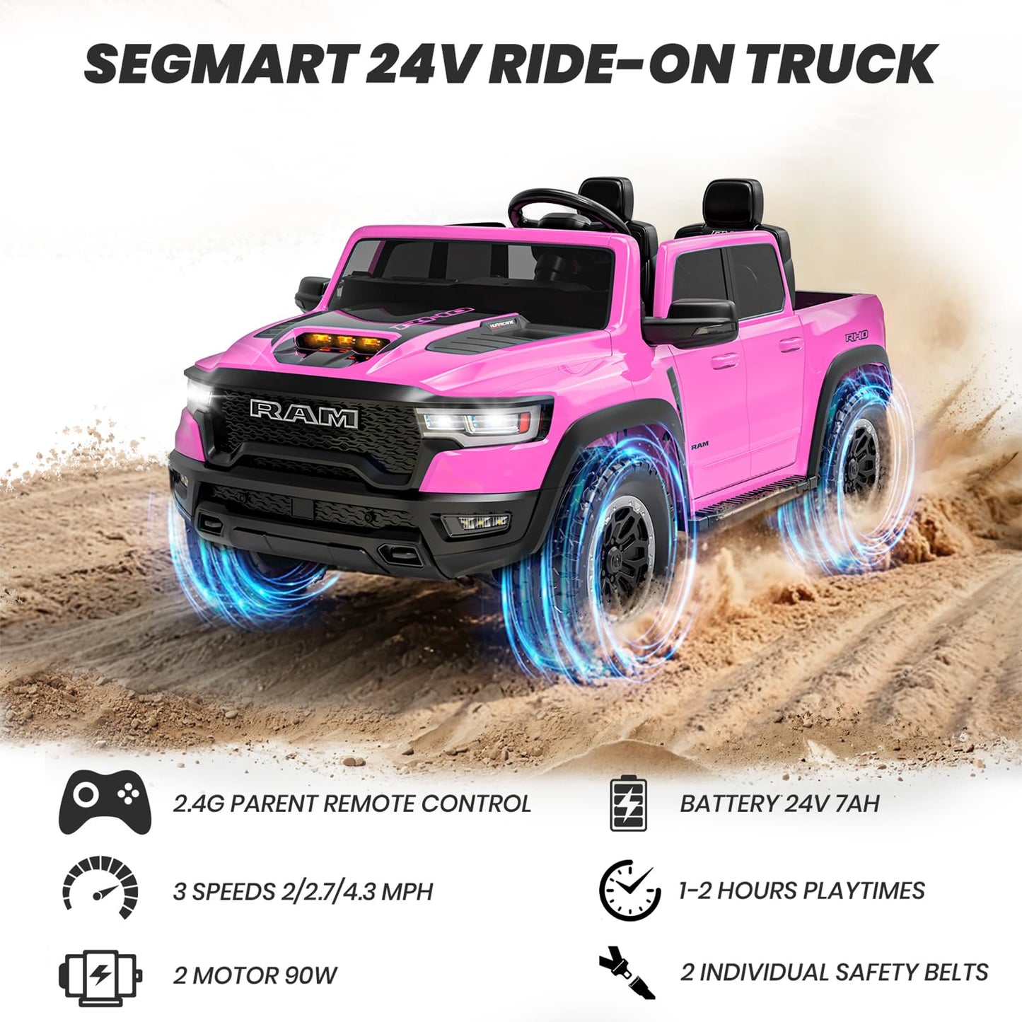 Segmart Licensed RAM 1500 RHO 2 Seater Electric Car, 24V Ride on Car for Big Kids with Remote Control, Toddler Ride on Toy w/4 Wheels Suspension, LED Lights, Bluetooth, Soft Start Function (Pink)
