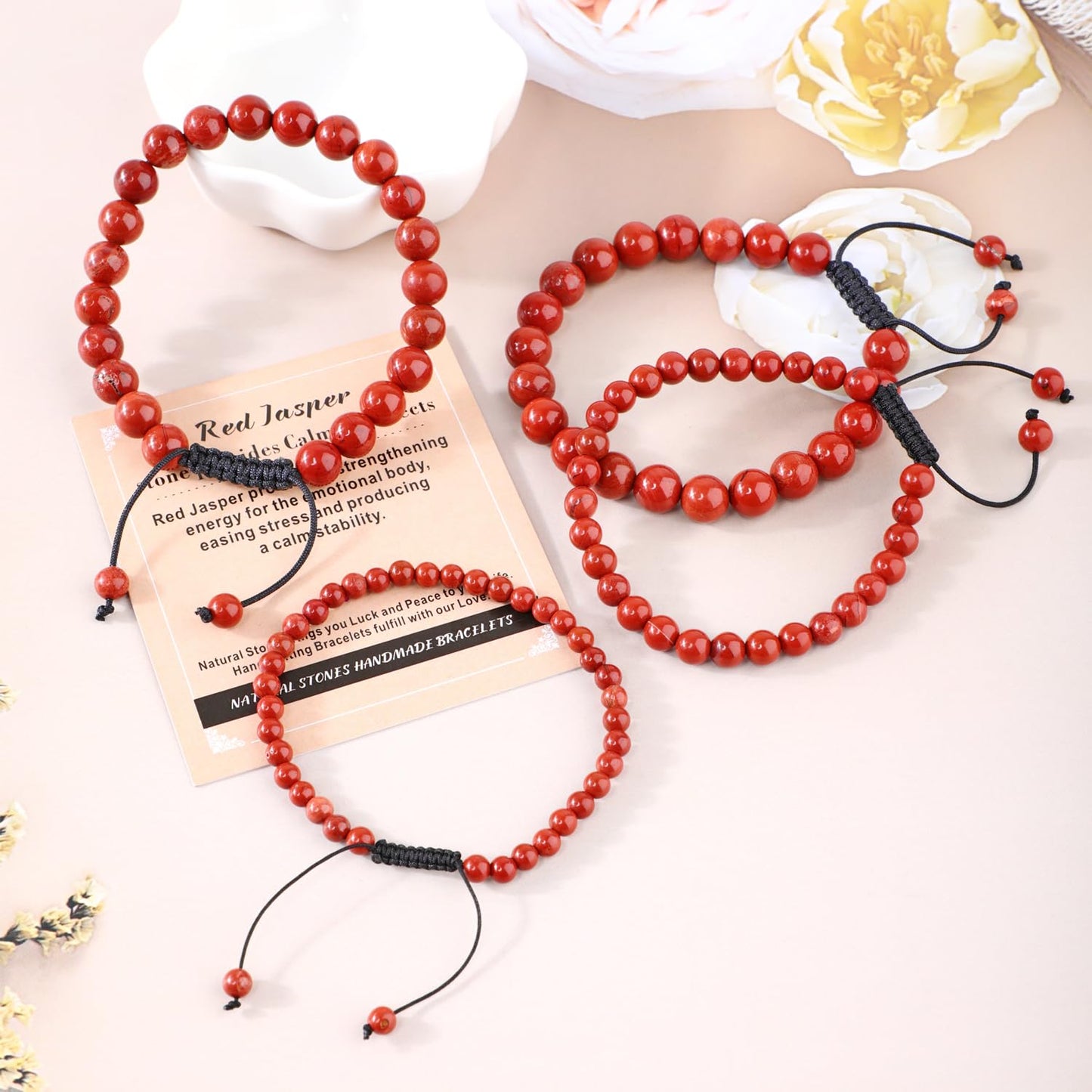 AD Beads 4mm Red Jasper - Stone Pepvodes Calming Effects - Handmade Natural Stone Crystal Bracelet with Adjustable Macrame String - Yoga Healing Power Energy Gifts for Men and Women
