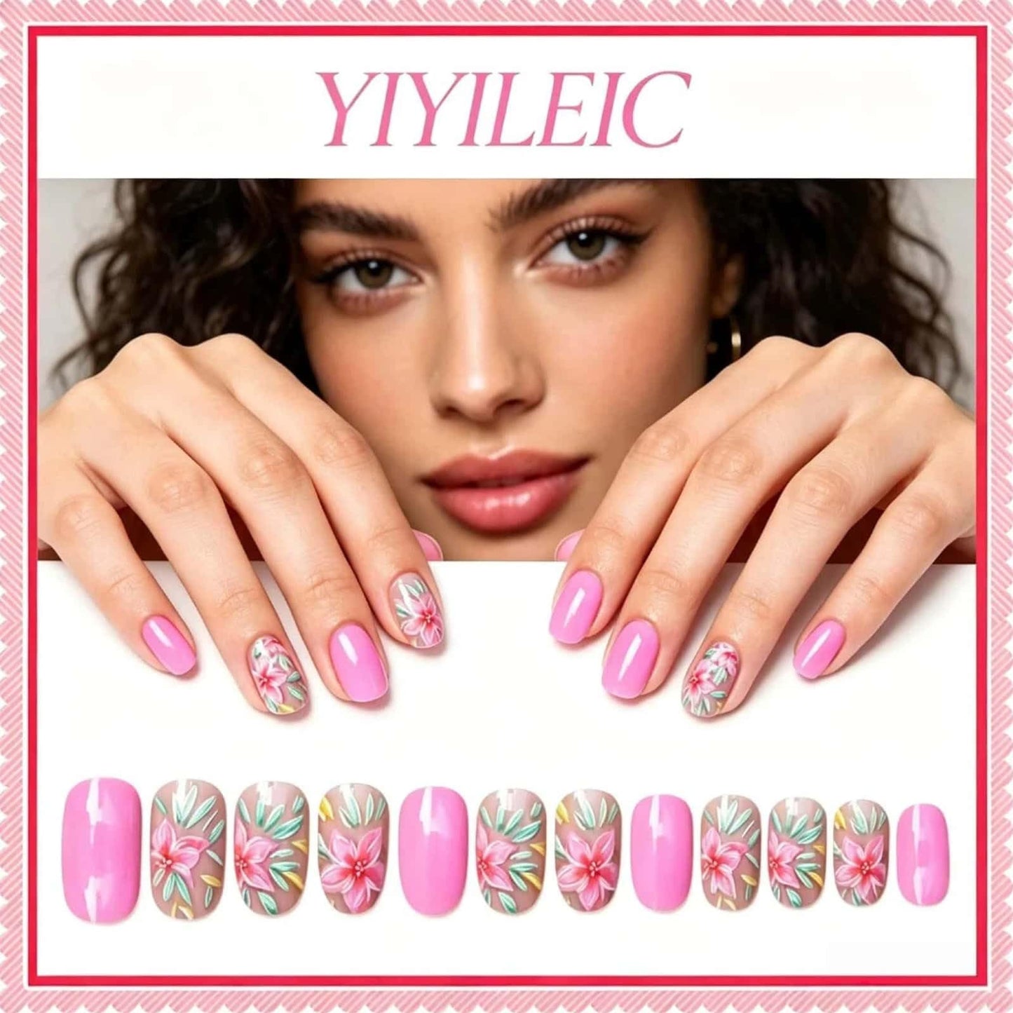 Pink Flower Press on Nails Short Round Fake Nails with Small Daisy Leaves Design Glossy White Glue on Nails Spring Summer Reusable Artificial Nail Full Cover Stick on Nails for Women 24 Pcs