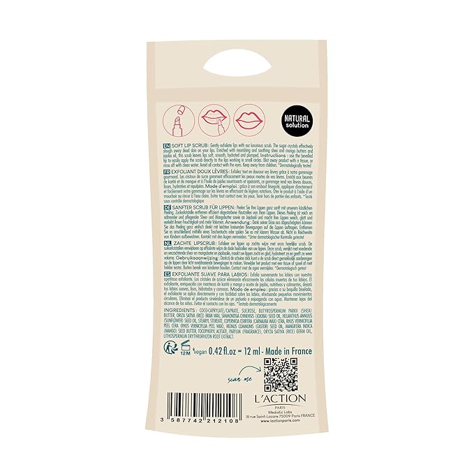L'Action Paris Soft Lip Scrub, Gentle Exfoliating Lip Scrub with Natural Sugar Crystals for Smooth Hydrated and Plumped Lips, Enriched with Soothing Shea and Mango Butters and Jojoba Oil 12ml