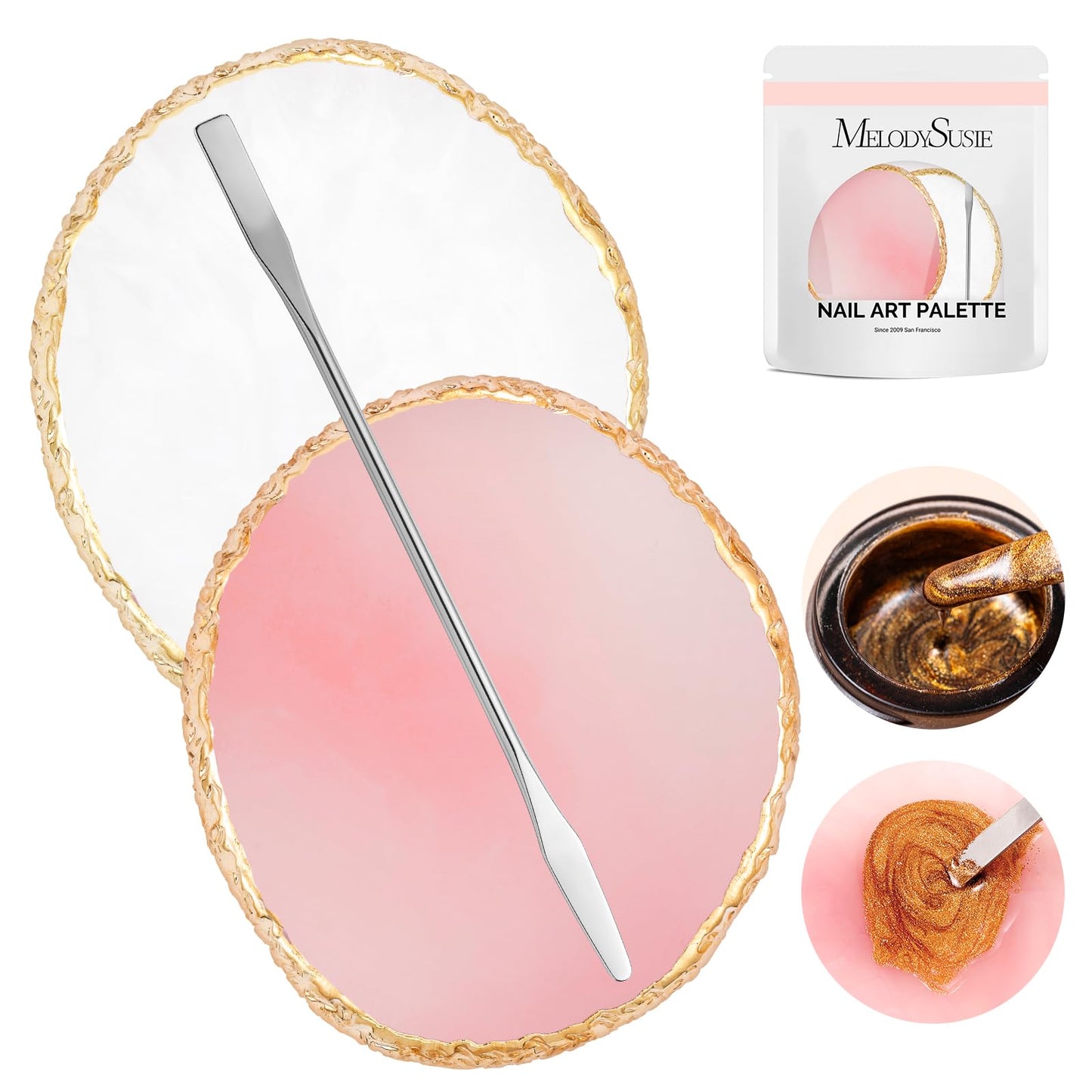 MelodySusie 6pcs Nail Art Brushes Set and 2PCS Nail Art Palette with Stainless Steel Mixing Stick