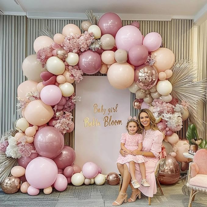 Dusty Pink Rose Balloon Garland Kit, Double Stuffed – Mauve, Light Pink, Blush, Nude, Beige & Champagne Gold Latex Balloons for Boho Birthday, Baby Shower & Bridal