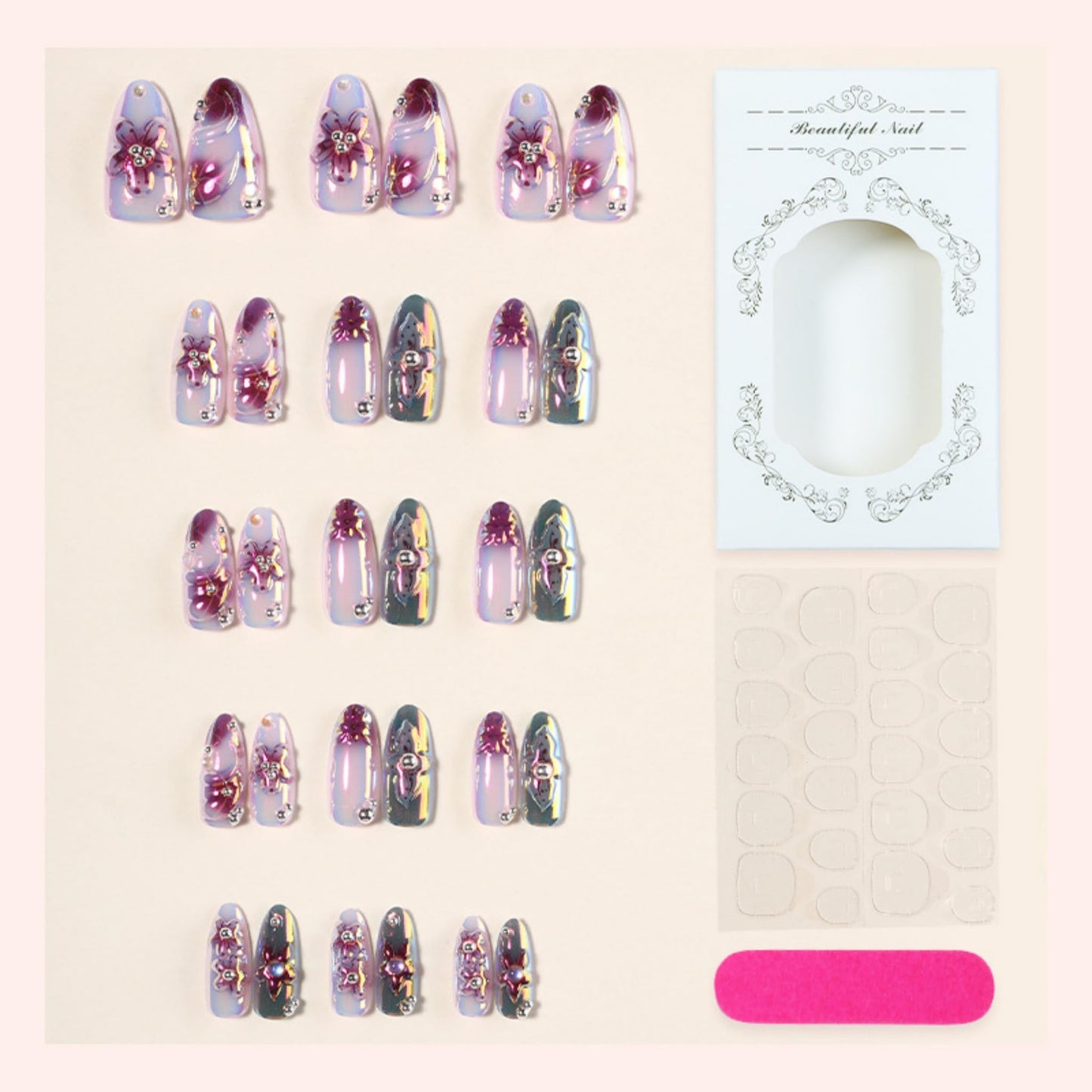 Almond Press on Nails Medium Fake Nails Purple Acrylic Nail Press ons SEENEEY Pink Floral and Silver Charm Designs Rhinestones Stick on Nail for Women 24pcs