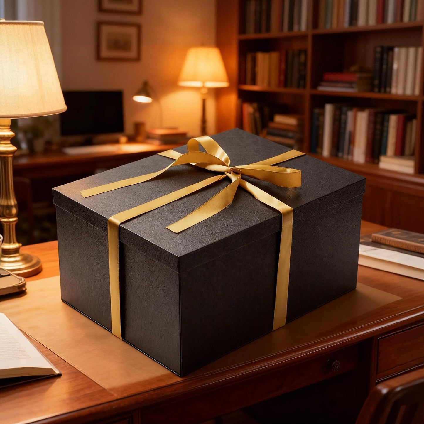 Mefleet 16x12x8 Inches Large Gift Box with Lid for Presents Big Deep Black Gift Boxes 1 Pack for Christmas, Birthday, Valentine's Day,Mother's Day Presents - Contains Crinkle Paper,Ribbon and Card