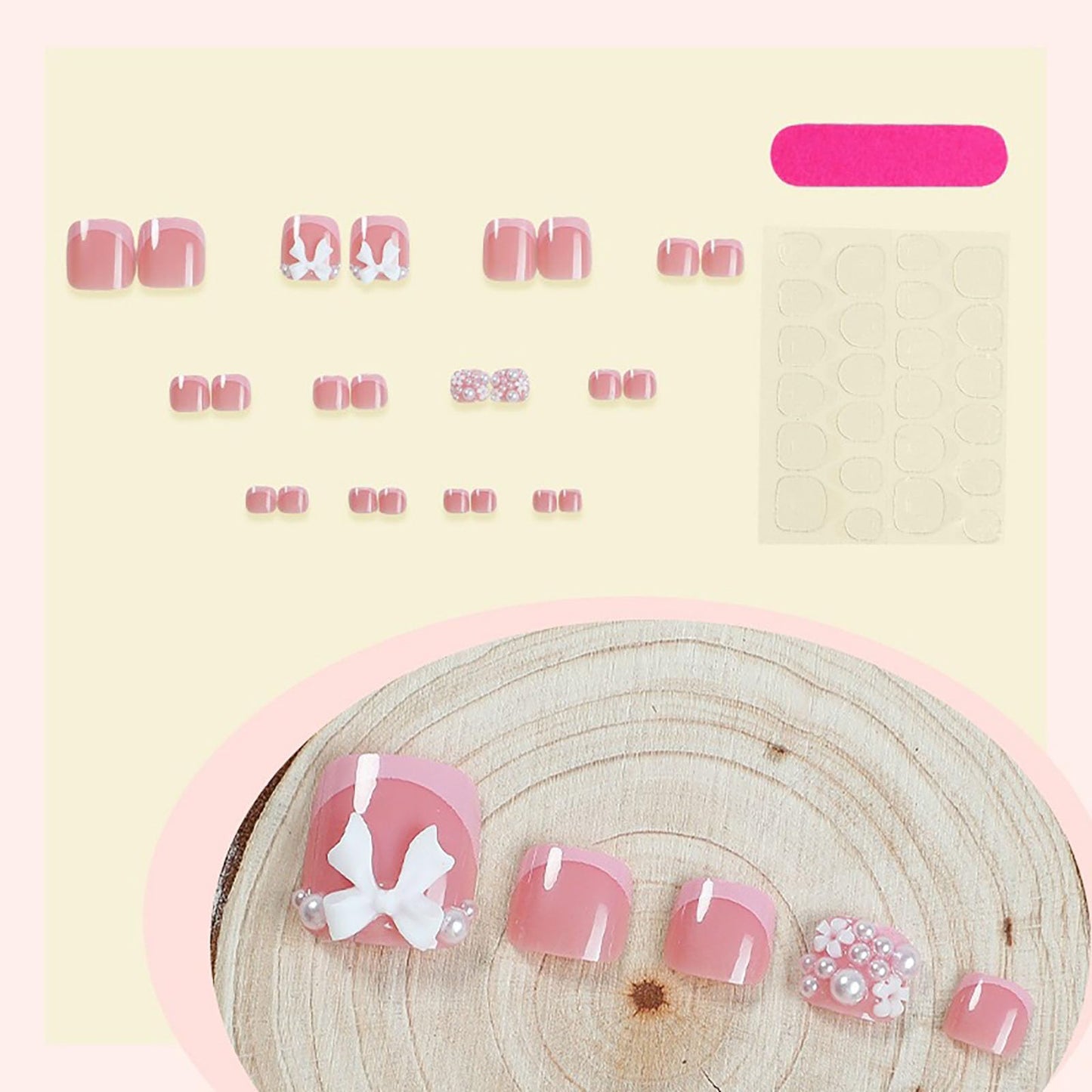 RUOKEXIN Short Press on Toenails Pink French Tip Fake Toenails with 3D Bow Pearl Designs Square Toe Nail Press ons Sparkly Artificial Nails for Women 24Pcs