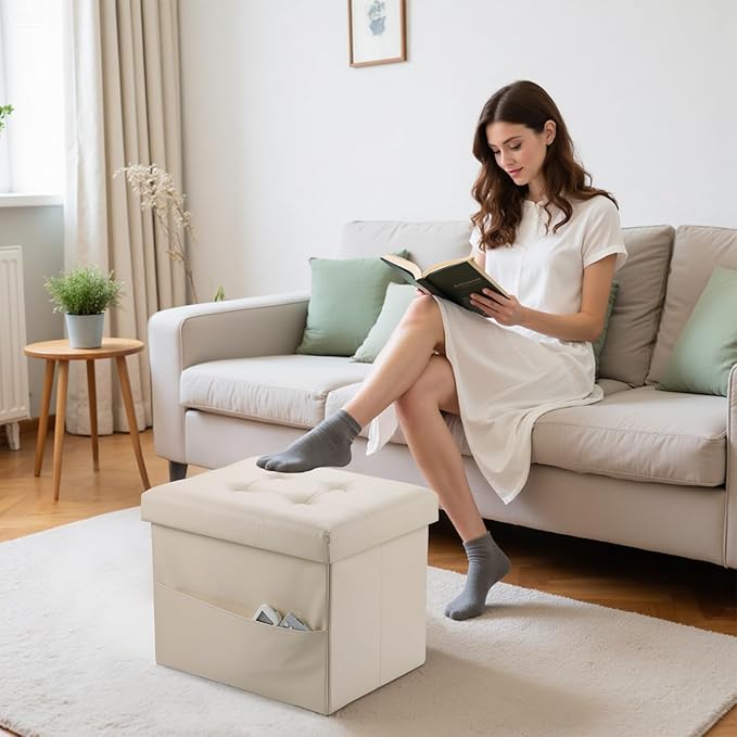 Storage Ottoman Foot Rest Stool, Small Leather Storage Ottomans Bench, Folding Footstool with Side Pockets, Foot Rest Under Desk for Living Room Bedroom, 16x12x12 in, Beige
