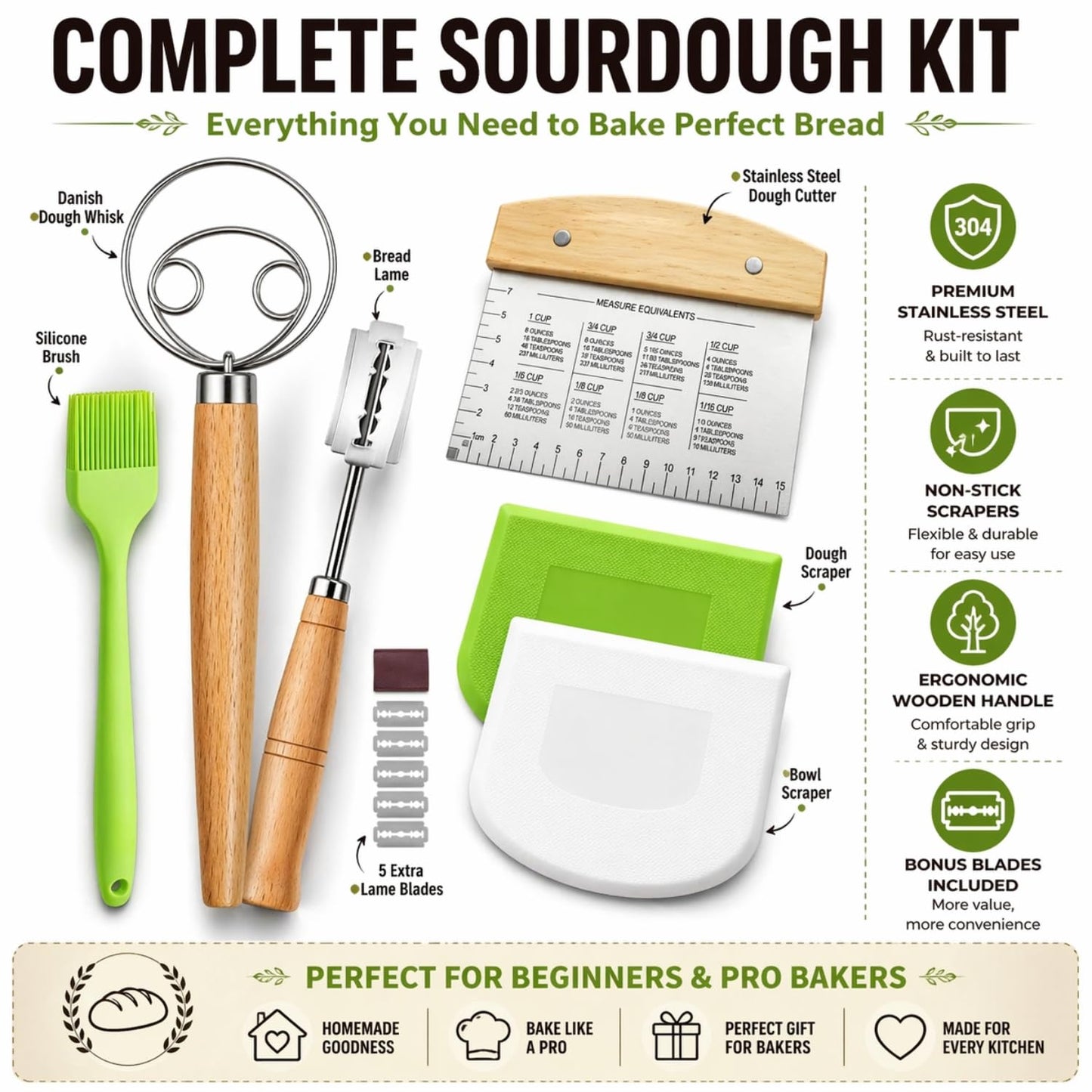 BOORIKA Sourdough Bread Baking Tool Set with Danish Dough Whisk, Bread Lame & Blades, Bench Scraper, Dough Scrapers and Silicone Brush – Sourdough Starter Kit